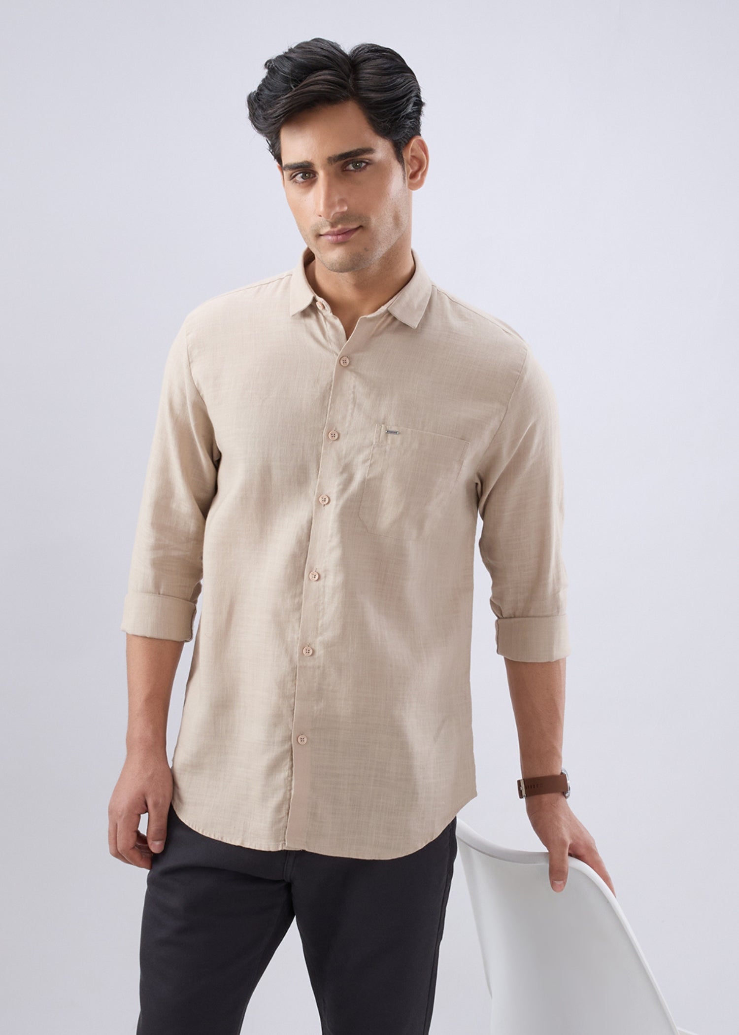 Keen Solid Full Sleeve Shirt: Beige