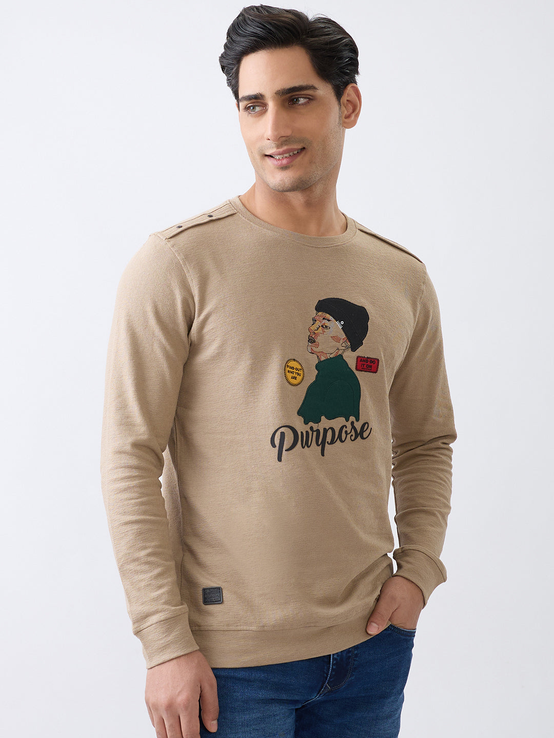 Dumbel Embroidered Full Sleeve Pullover: L.Brown