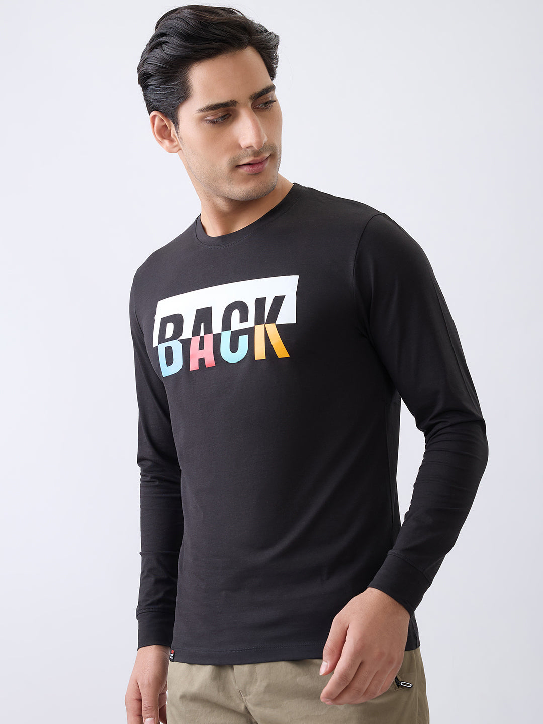 Back 1 Printed Full Sleeve T-Shirt: Black