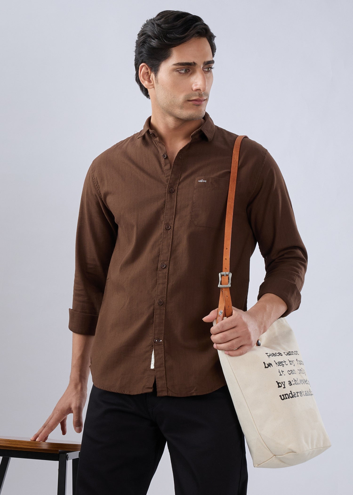Contain Solid Full Sleeve Shirt: Coffee