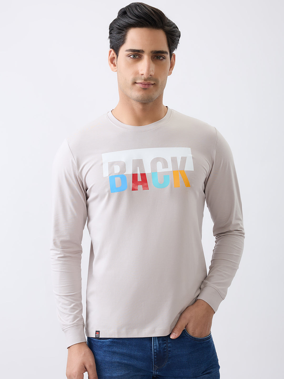 Back 1 Printed Full Sleeve T-Shirt: Grey