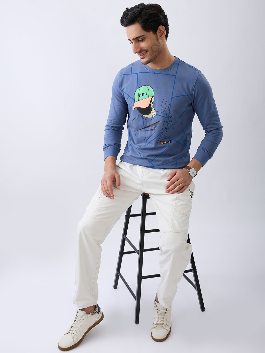 Myself Graphic Full Sleeve T-Shirt: Airforce Blue
