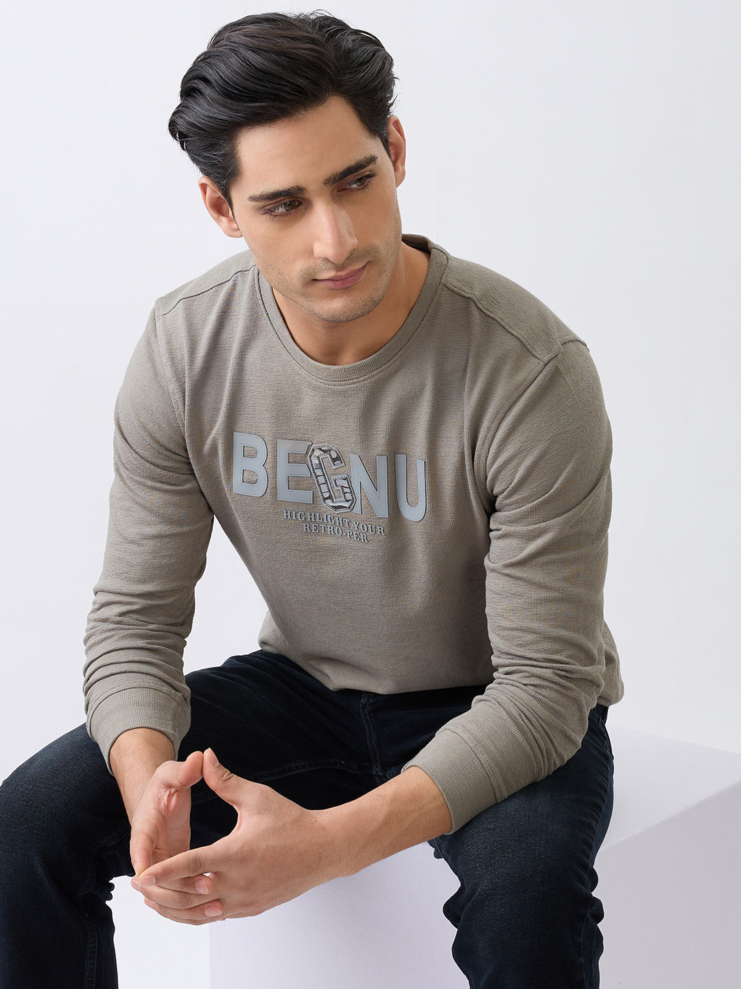 Begnu Printed Full Sleeve Pullover: Charcoal