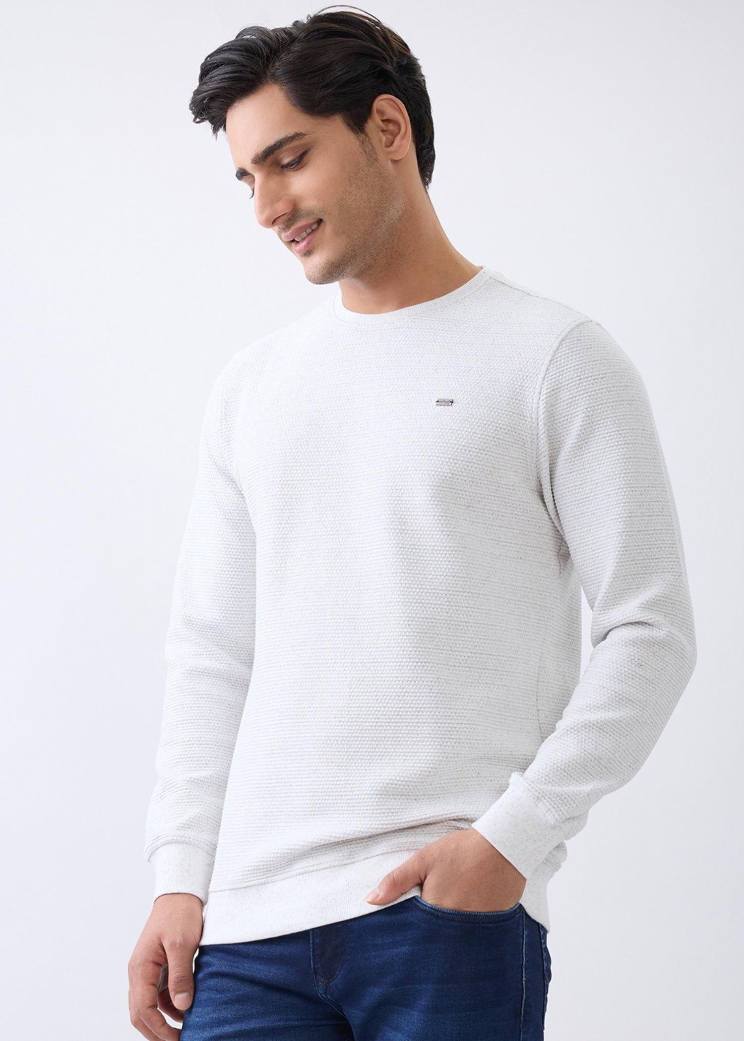 Layer Textured Full Sleeve Sweatshirt: Off-White