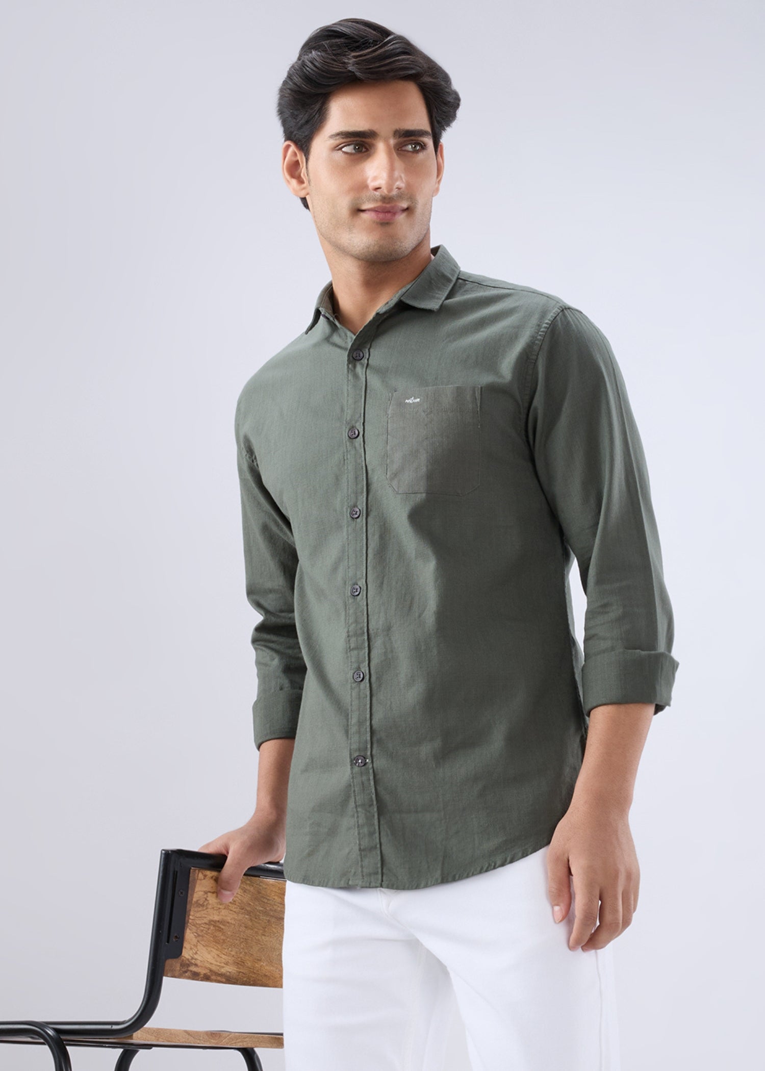 Contain Solid Full Sleeve Shirt: Olive