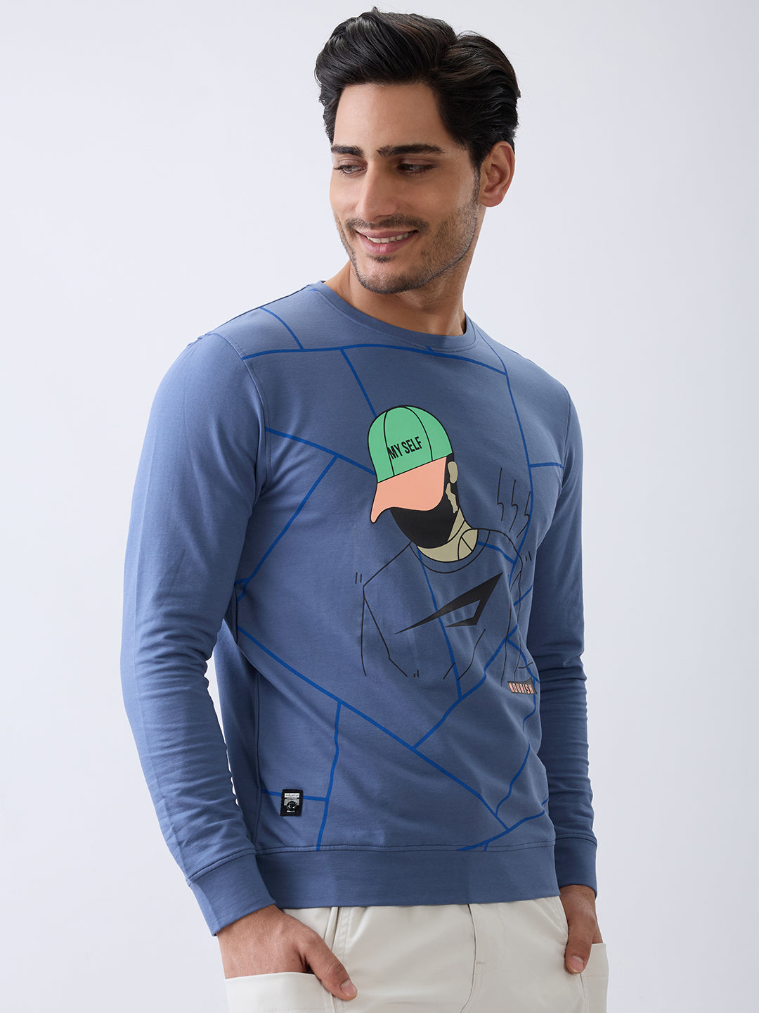 Myself Graphic Full Sleeve T-Shirt: Airforce Blue