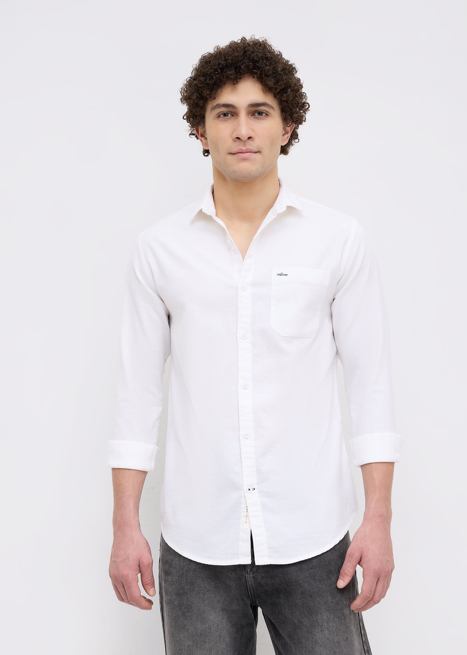 Contain Solid Full Sleeve Shirt: White
