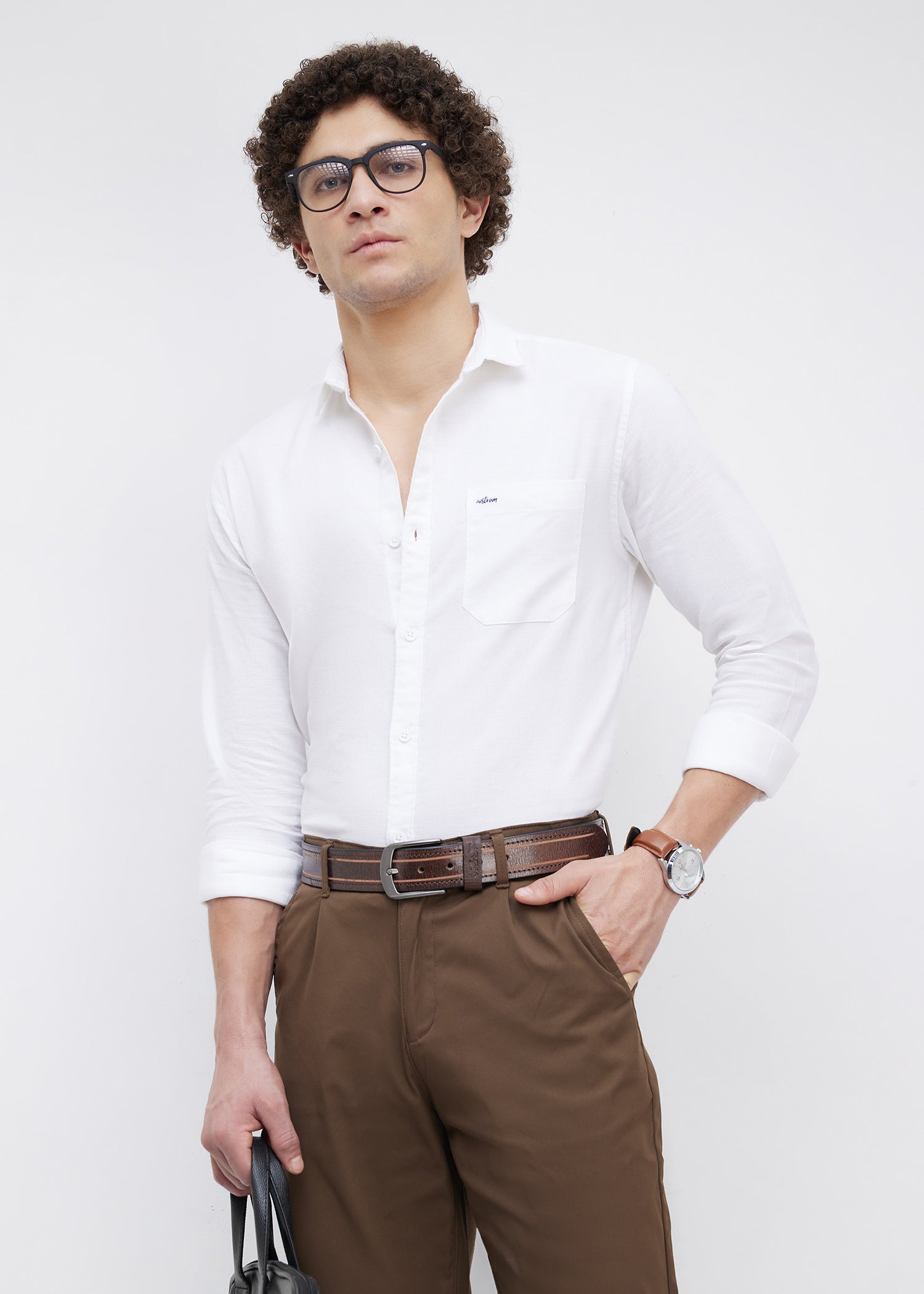 Contain Solid Full Sleeve Shirt: White