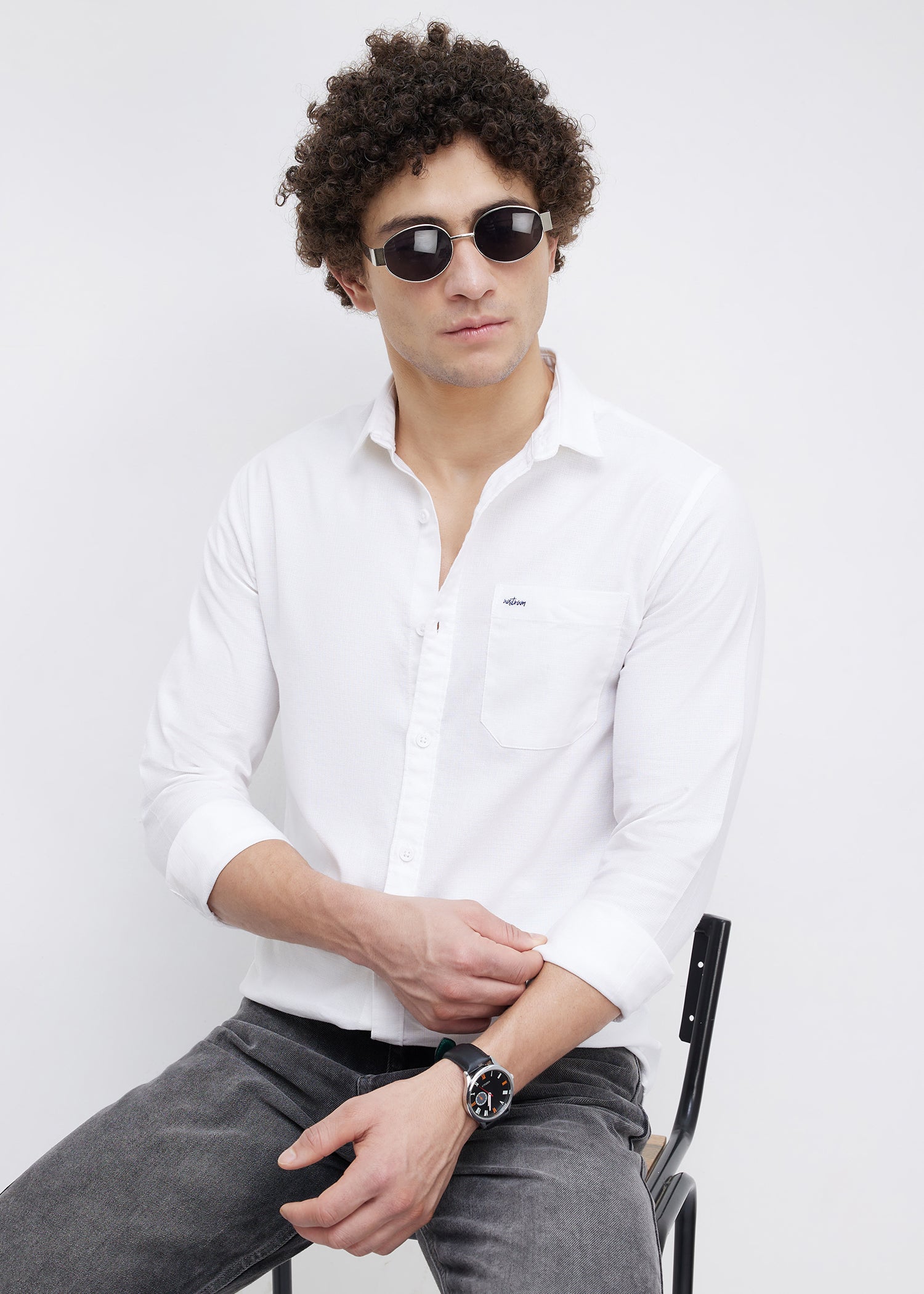 Contain Solid Full Sleeve Shirt: White