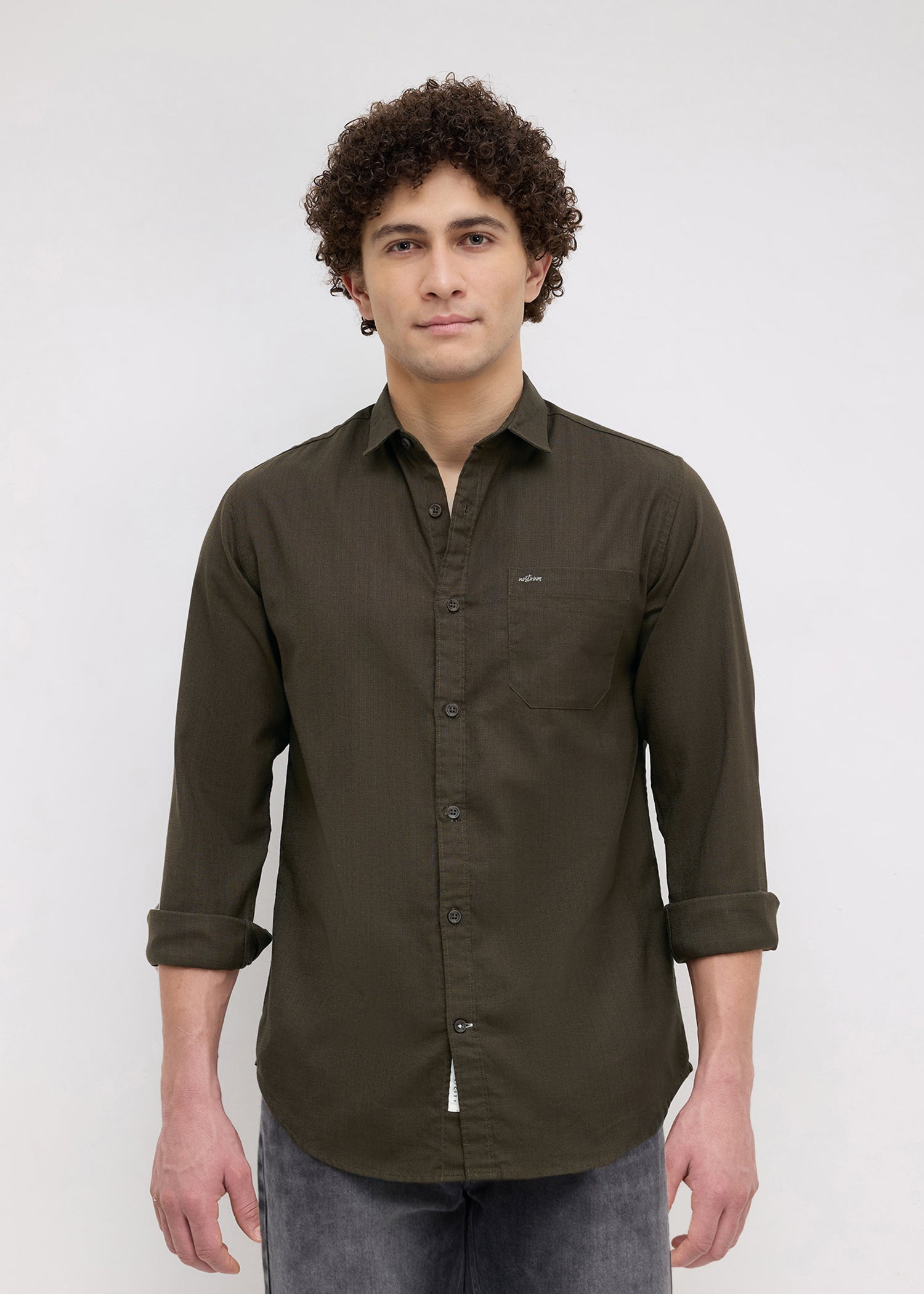 Contain Solid Full Sleeve Shirt: Brown