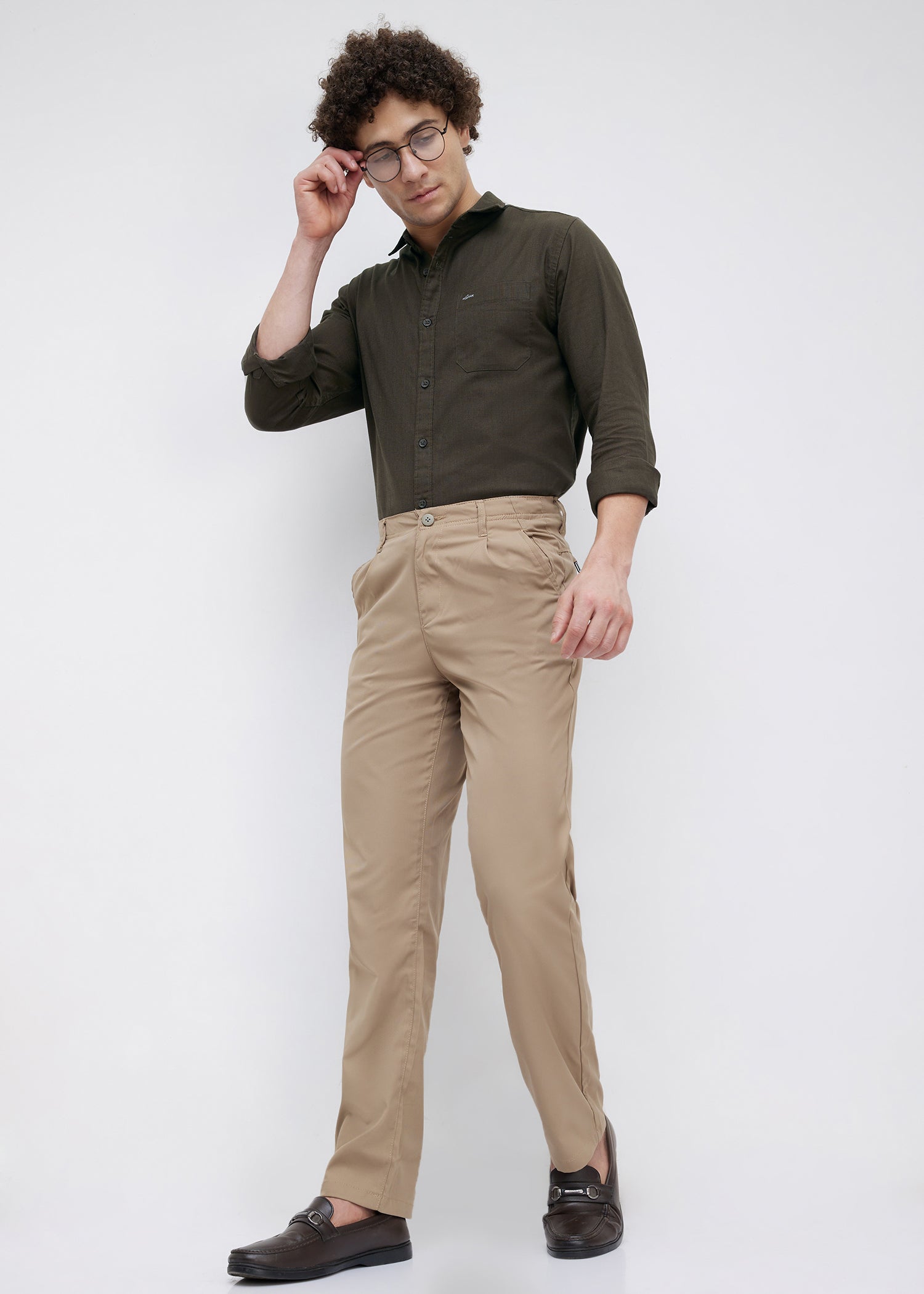 Contain Solid Full Sleeve Shirt: Brown