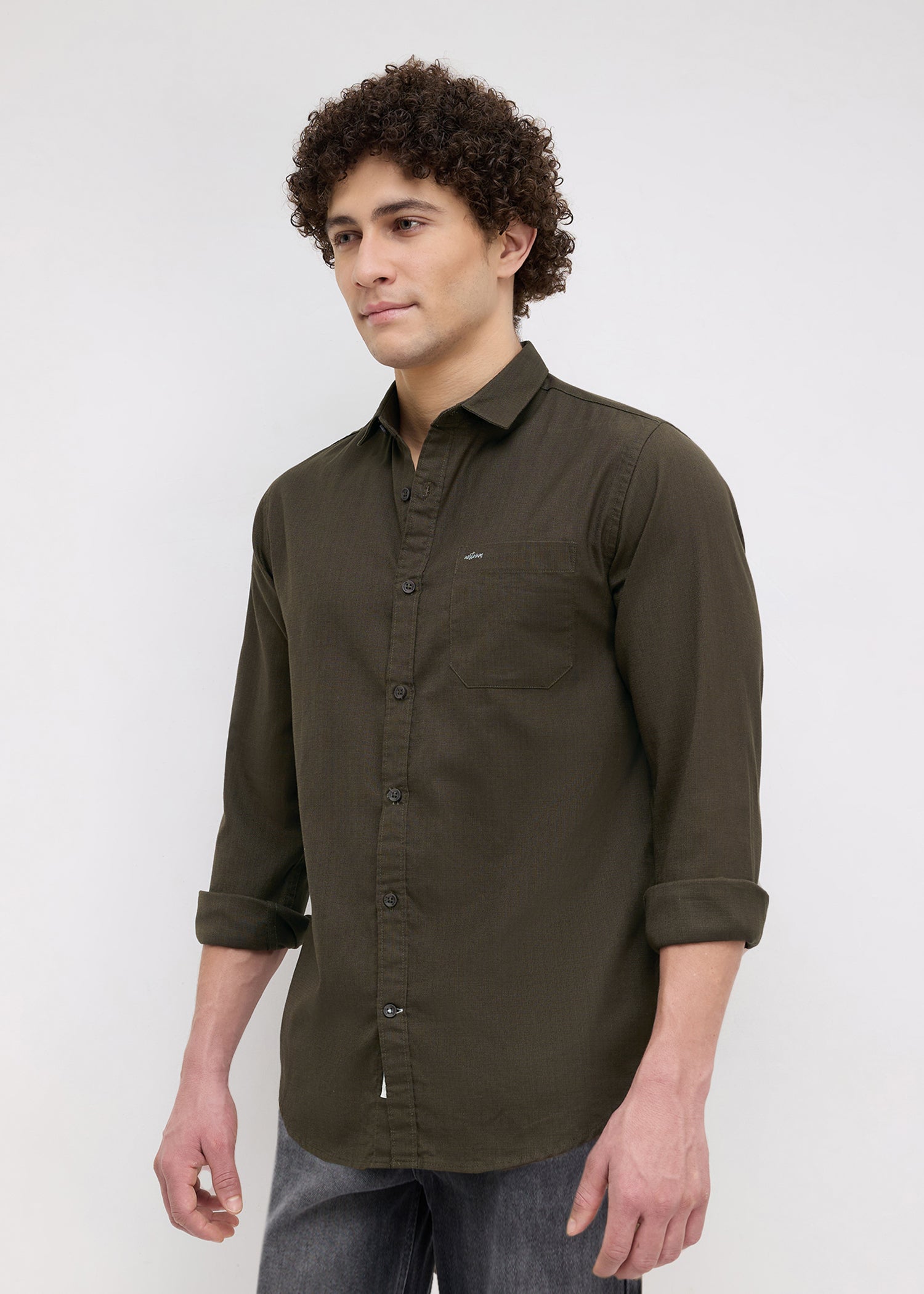 Contain Solid Full Sleeve Shirt: Brown