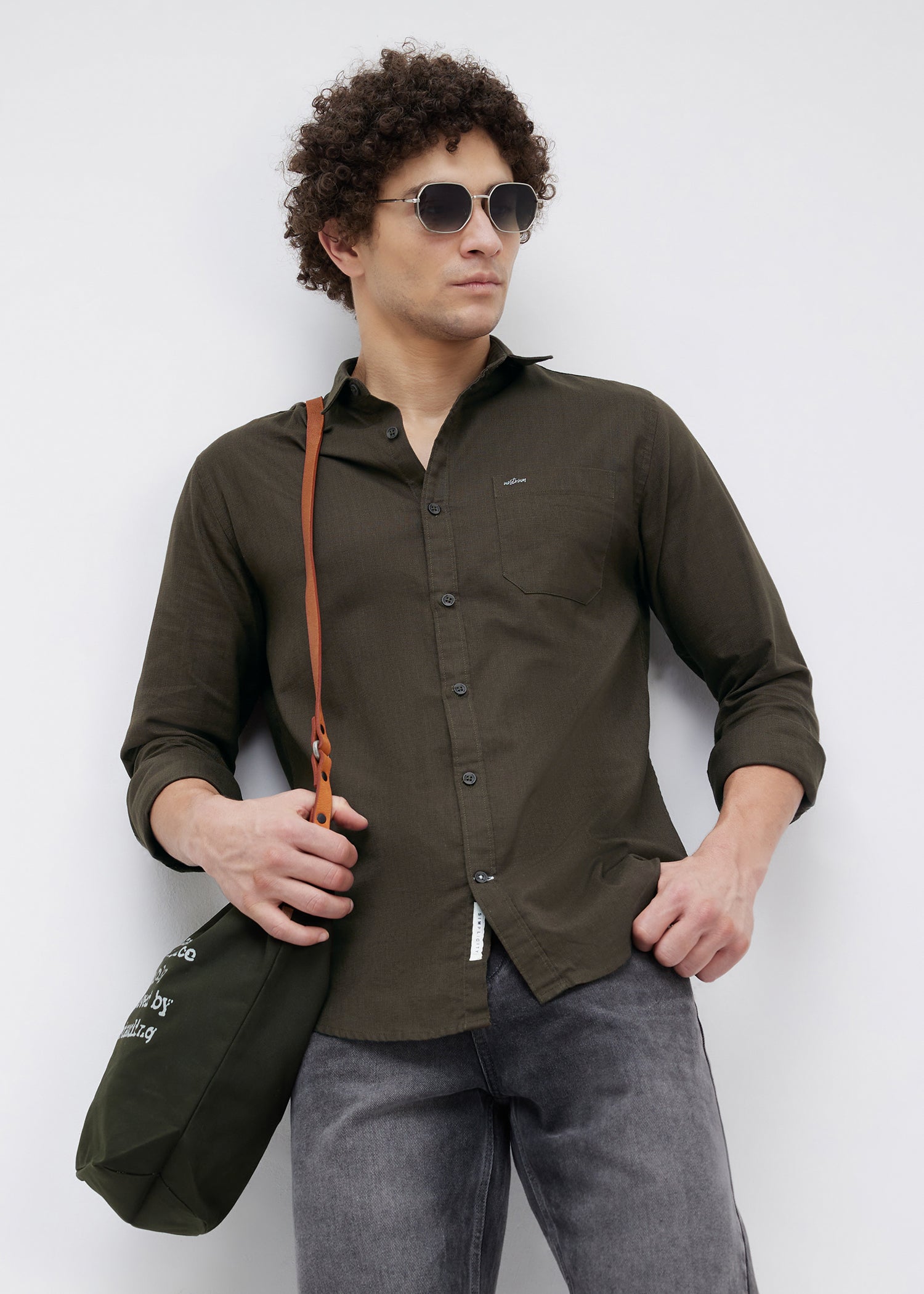 Contain Solid Full Sleeve Shirt: Brown