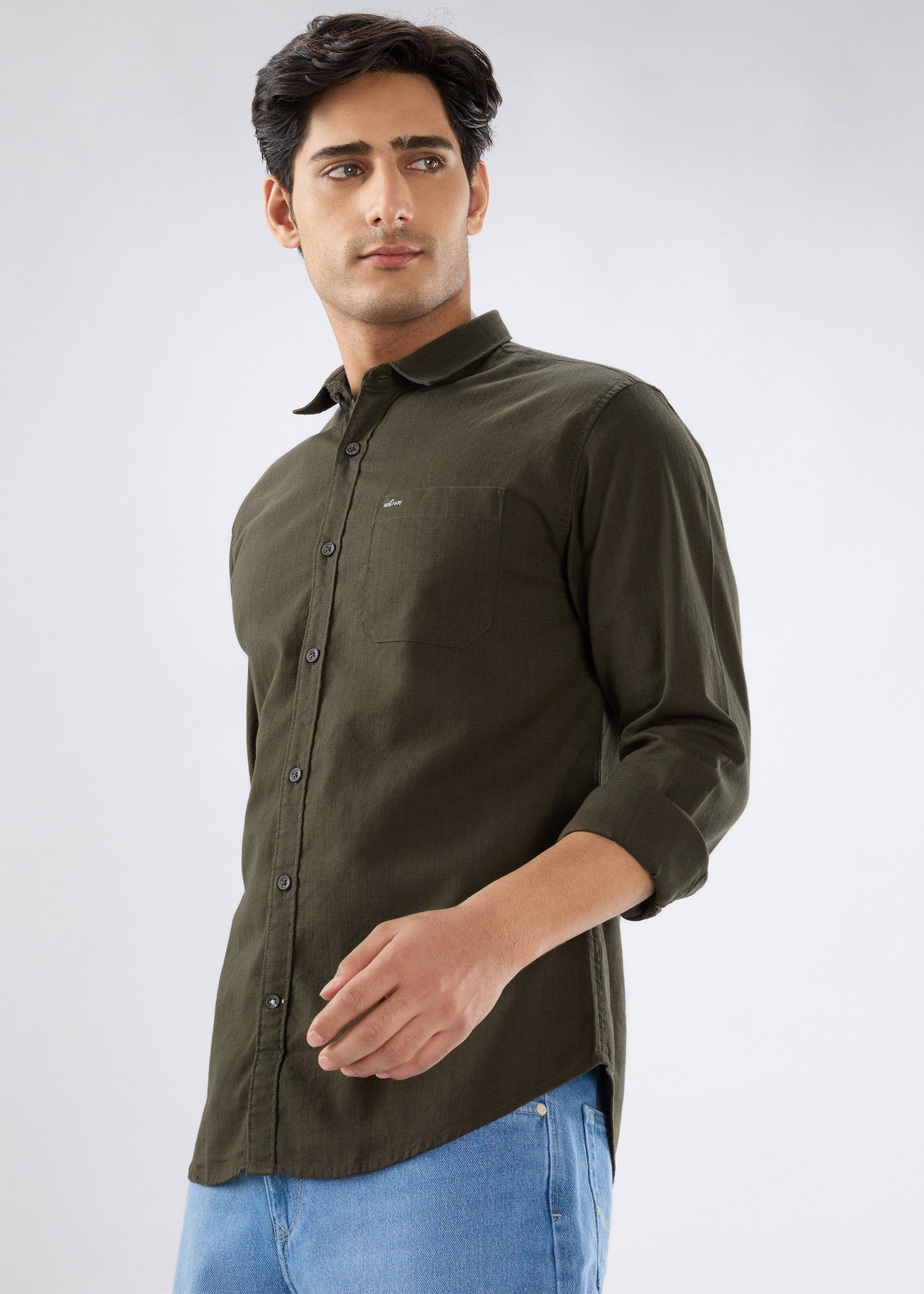 Contain Solid Full Sleeve Shirt: Brown