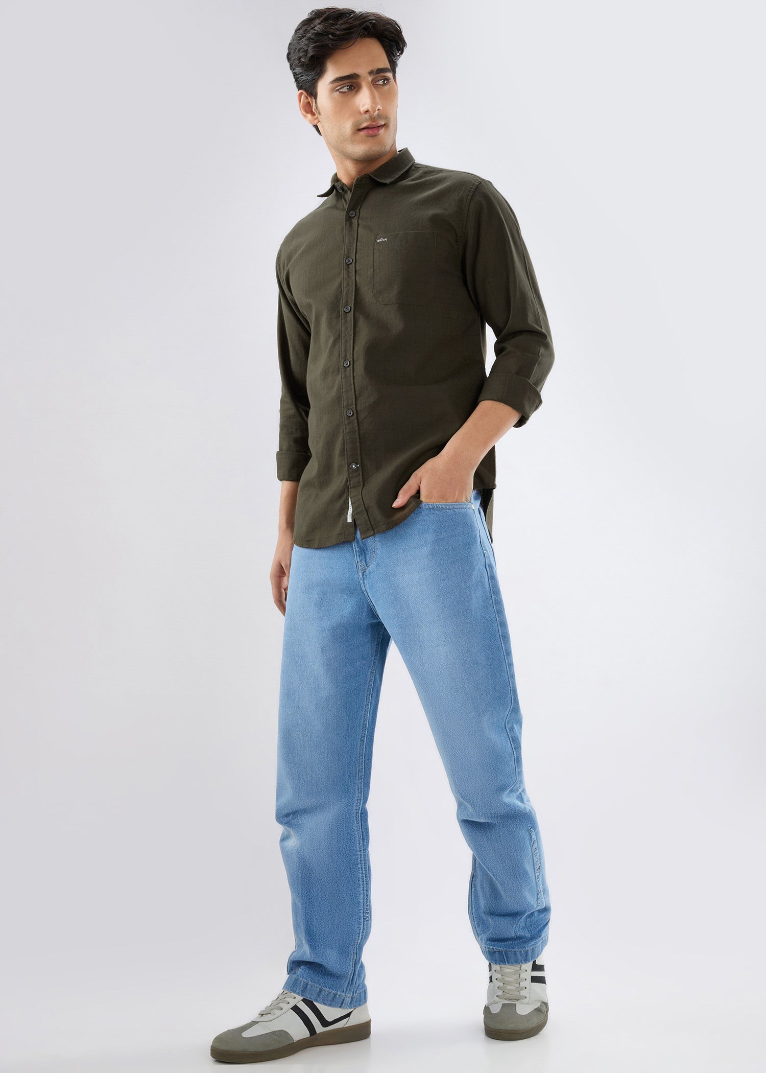 Contain Solid Full Sleeve Shirt: Brown