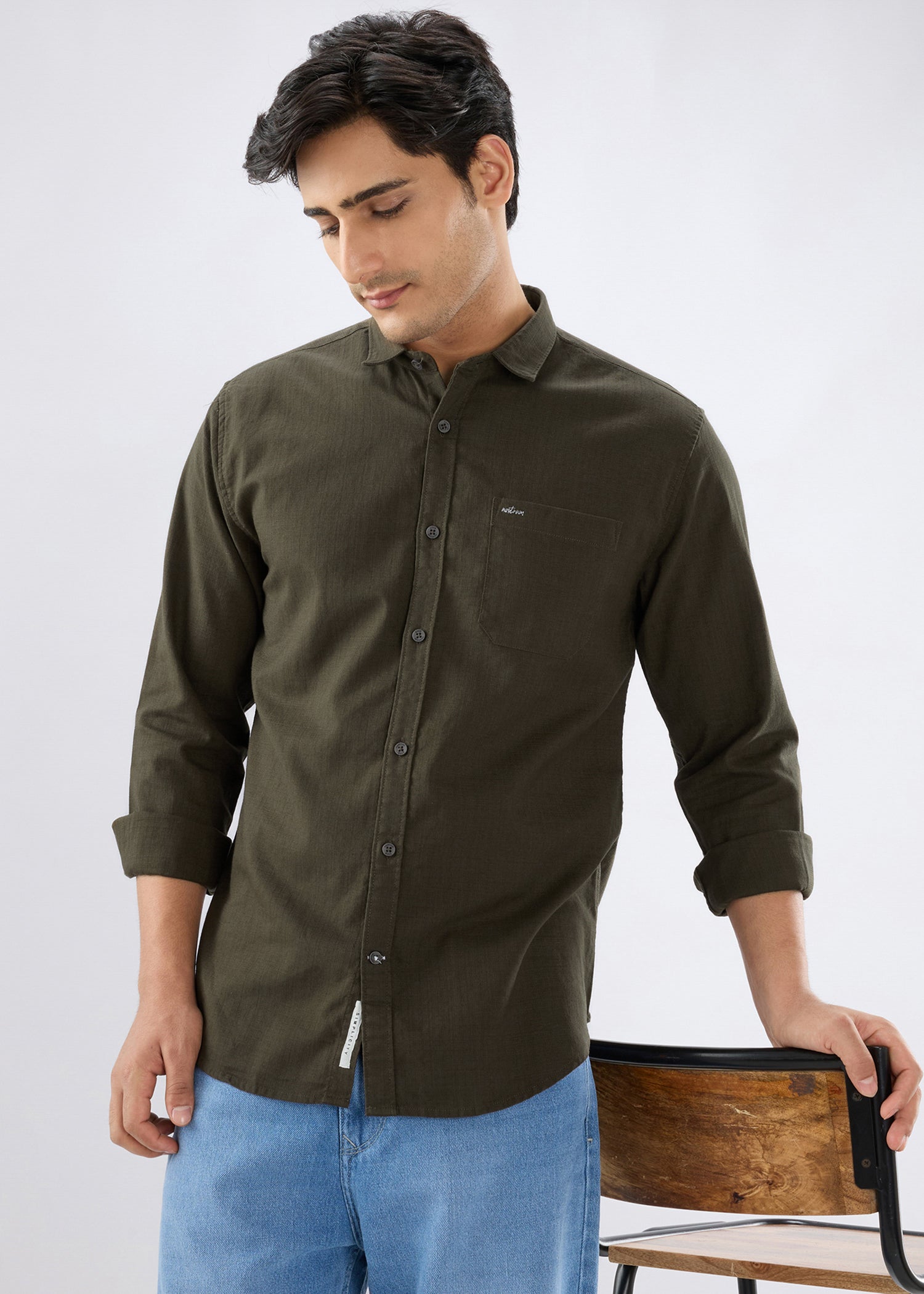 Contain Solid Full Sleeve Shirt: Brown