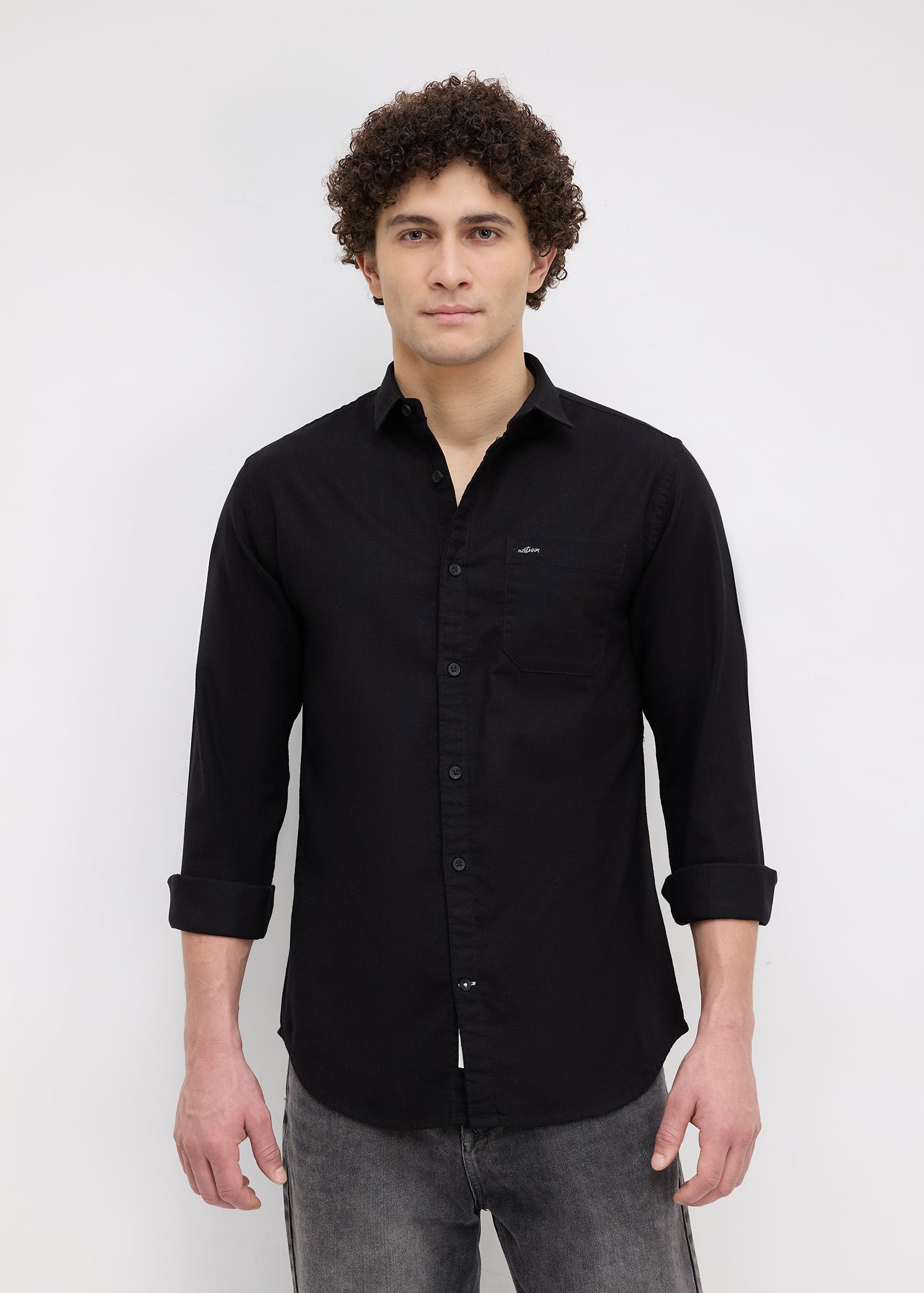 Contain Solid Full Sleeve Shirt: Black