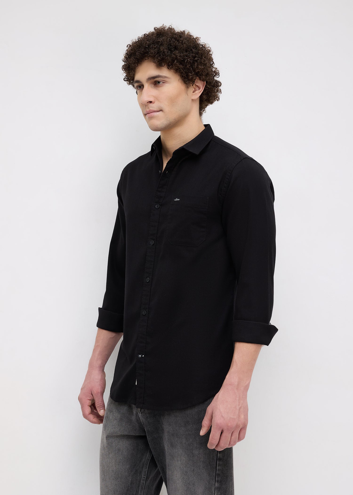 Contain Solid Full Sleeve Shirt: Black