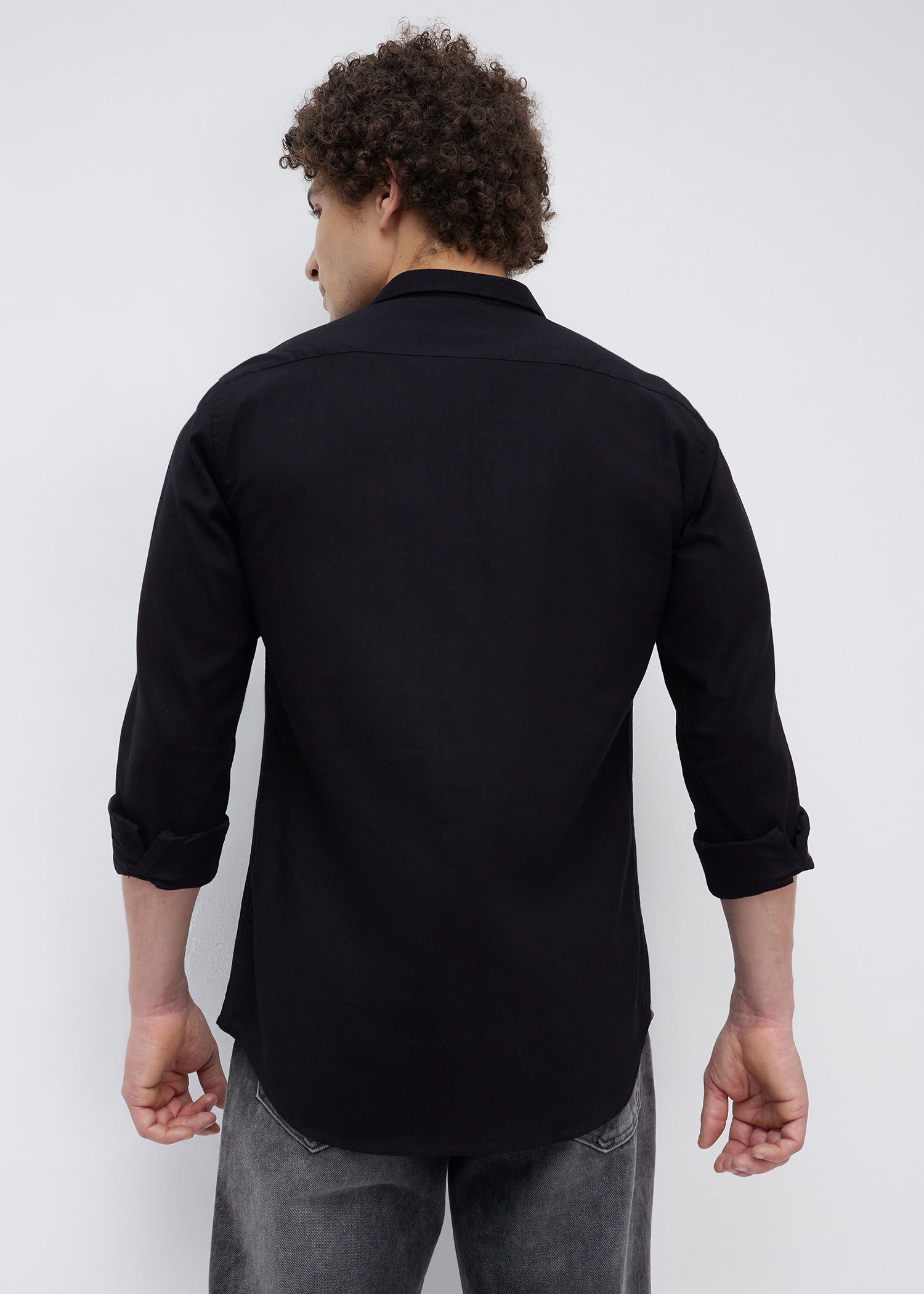 Contain Solid Full Sleeve Shirt: Black