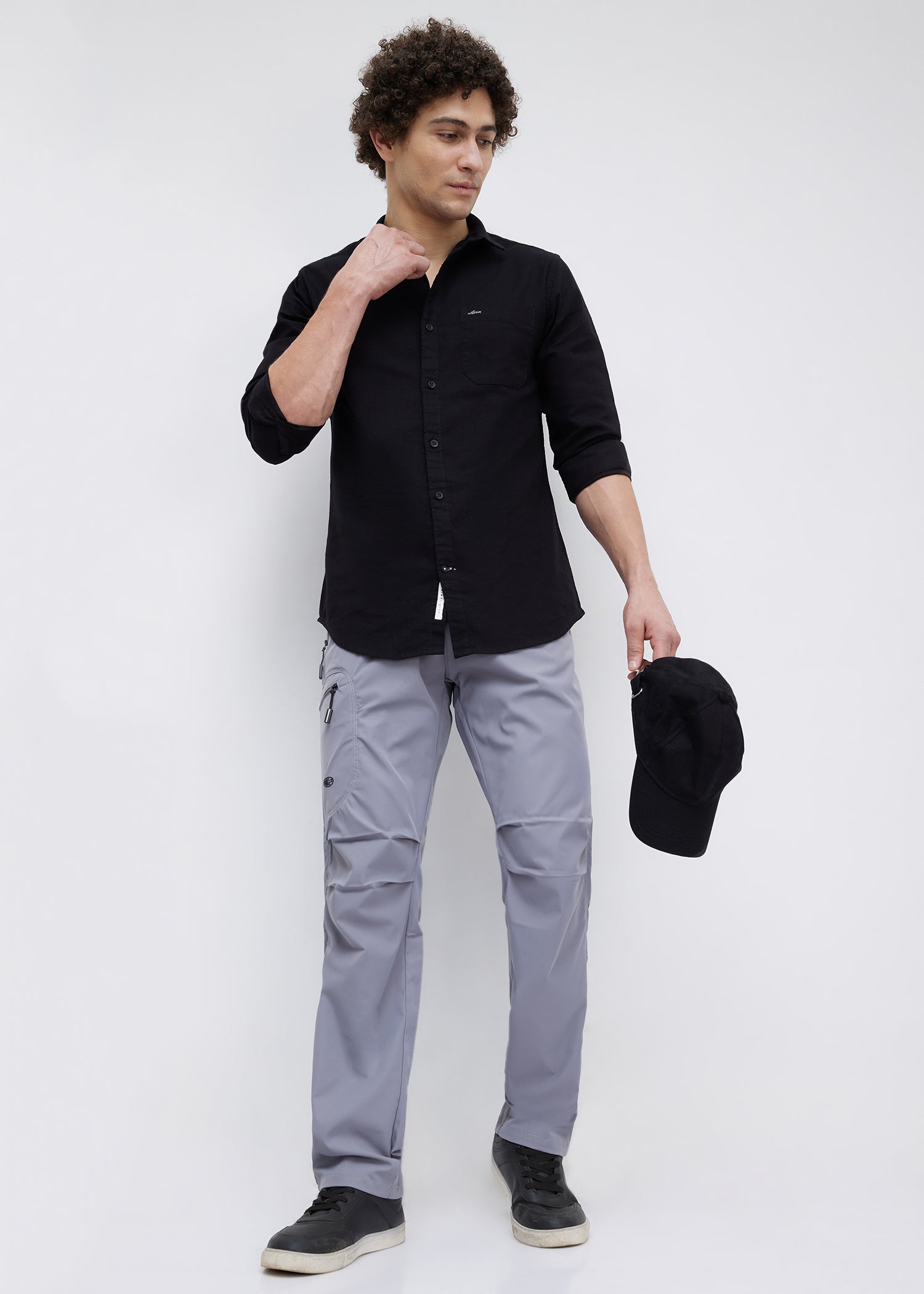 Contain Solid Full Sleeve Shirt: Black