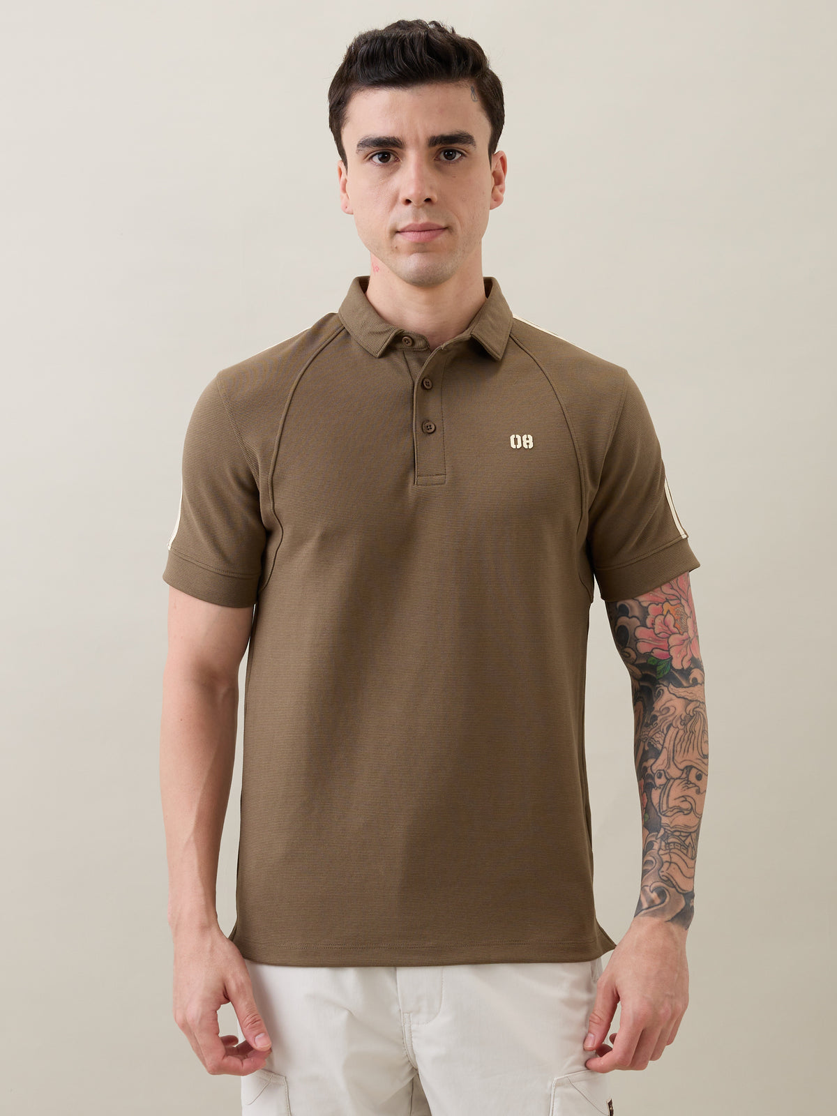 Topper Striped Shoulder Polo T-Shirt: Olive