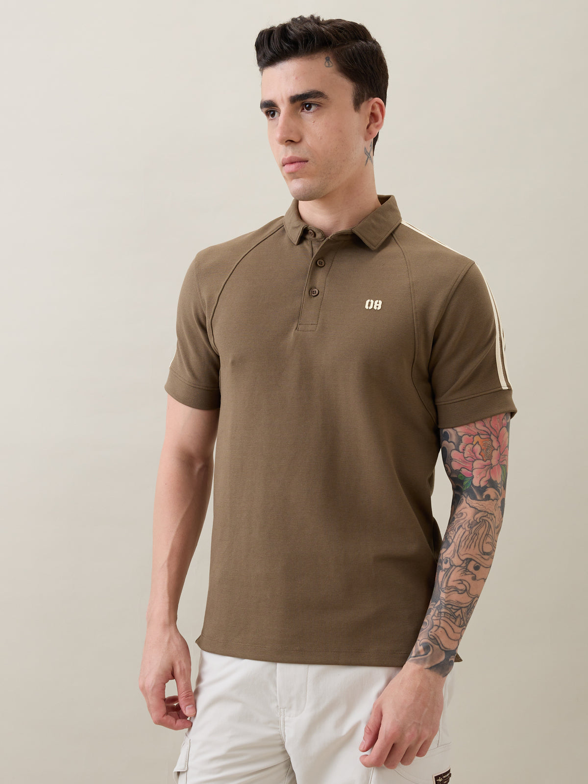Topper Striped Shoulder Polo T-Shirt: Olive
