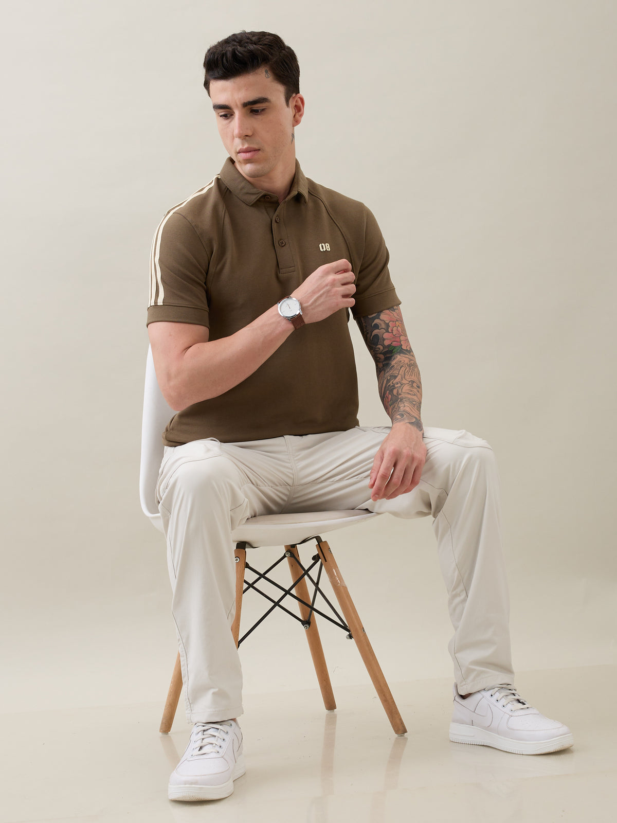 Topper Striped Shoulder Polo T-Shirt: Olive