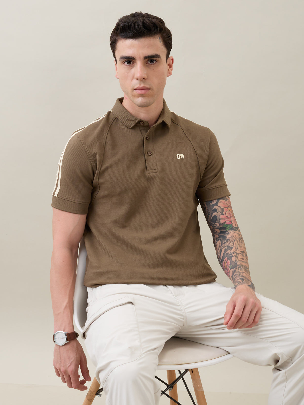 Topper Striped Shoulder Polo T-Shirt: Olive