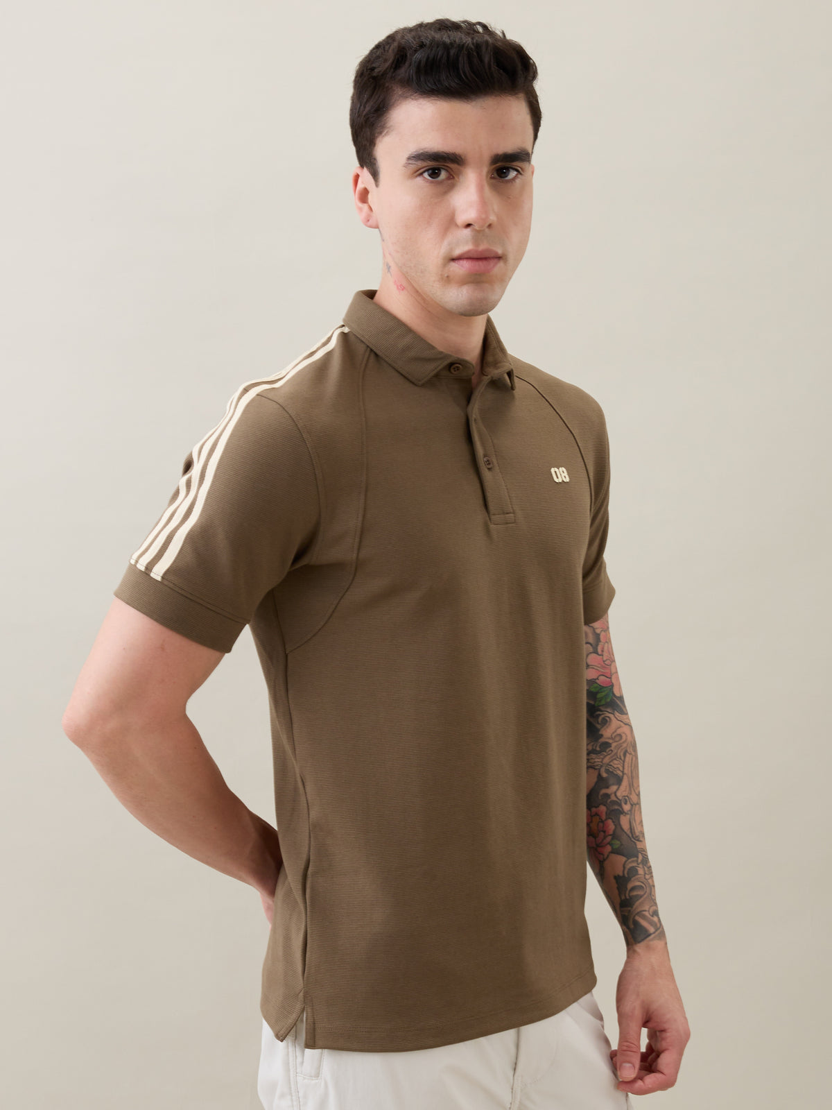 Topper Striped Shoulder Polo T-Shirt: Olive