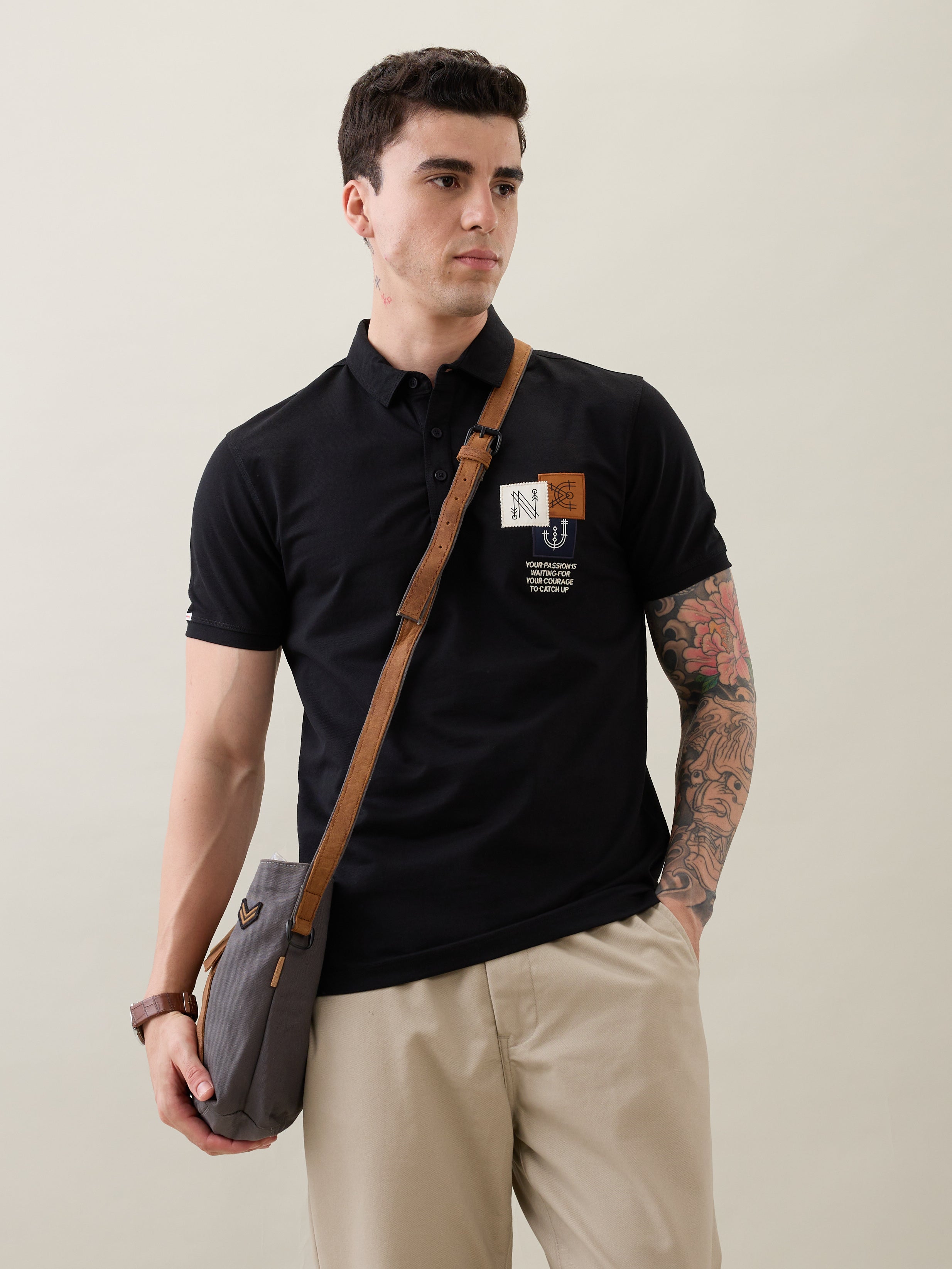 Catching Printed Polo T-shirt: Black