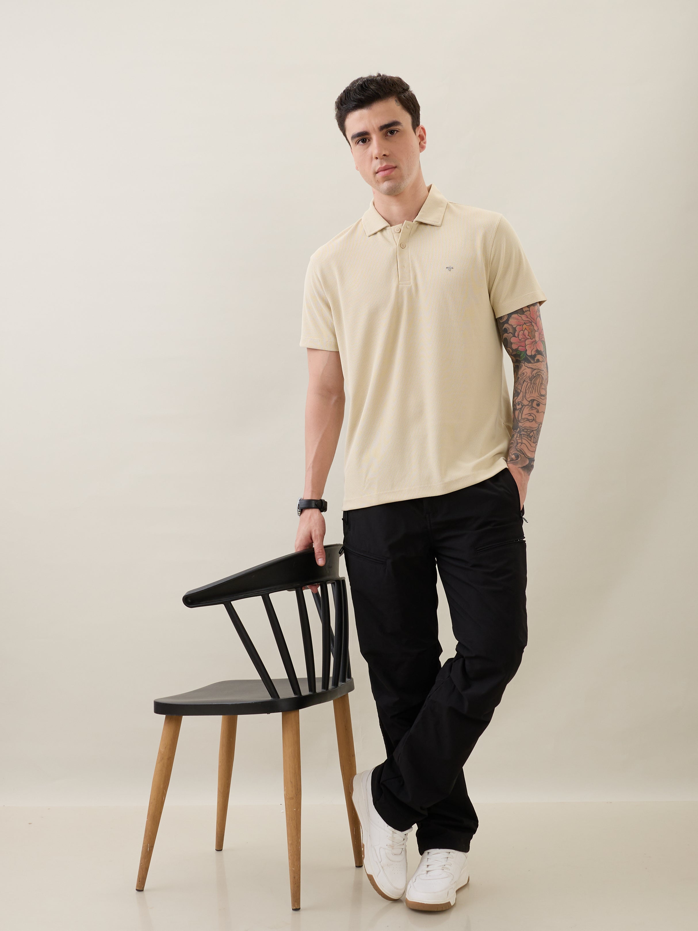 Madrin Textured Polo T-Shirt: Cream