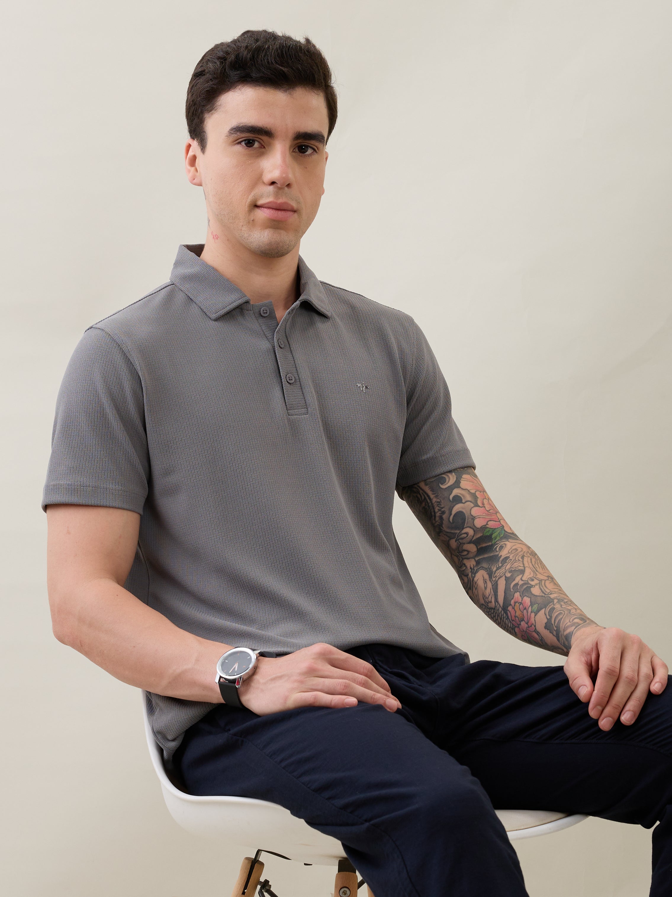 Madrin Textured Polo T-Shirt: Charcoal