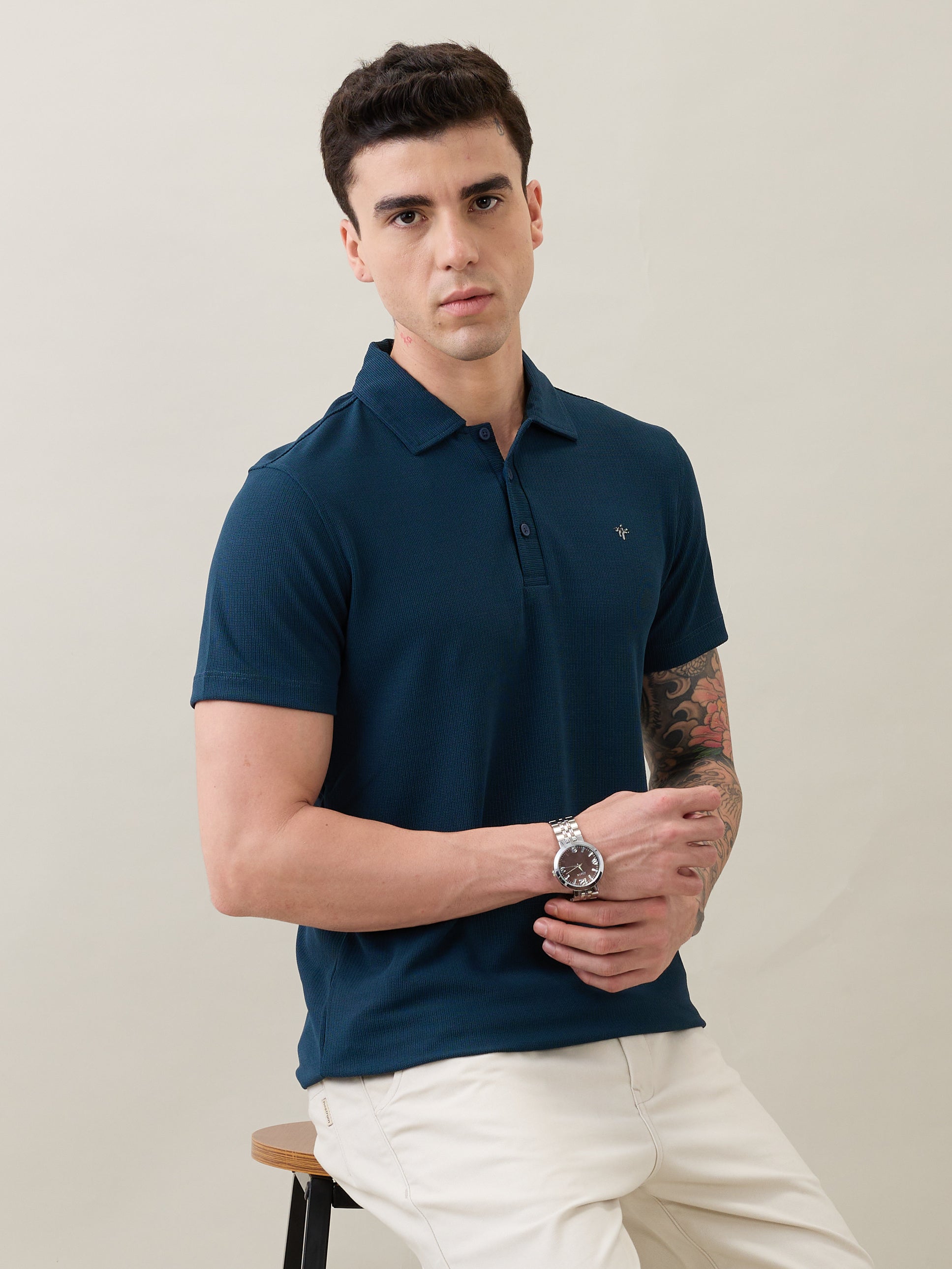 Madrin Textured Polo T-Shirt: Blue