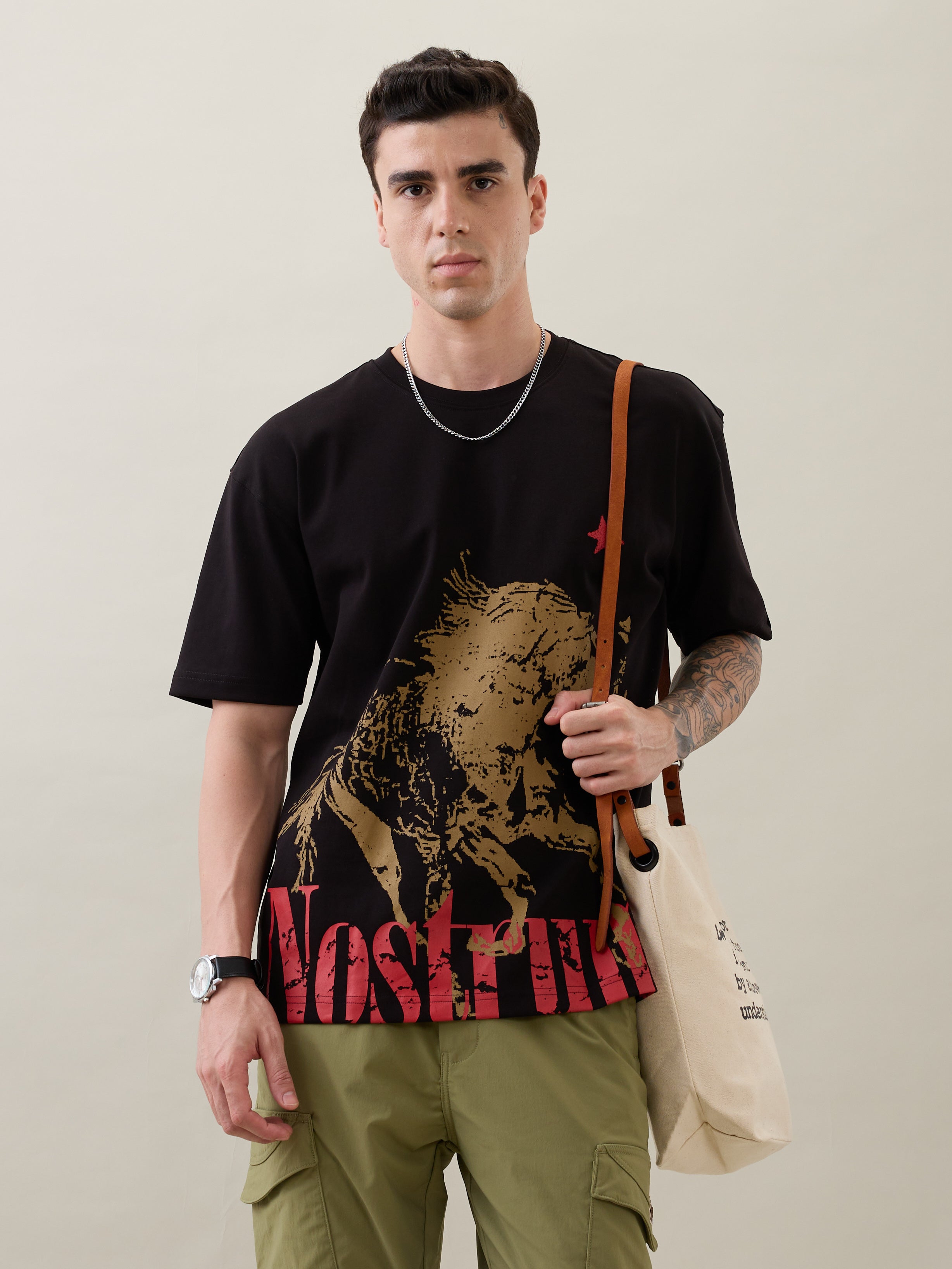 Horseride Oversized Graphic Print T-Shirt: Black