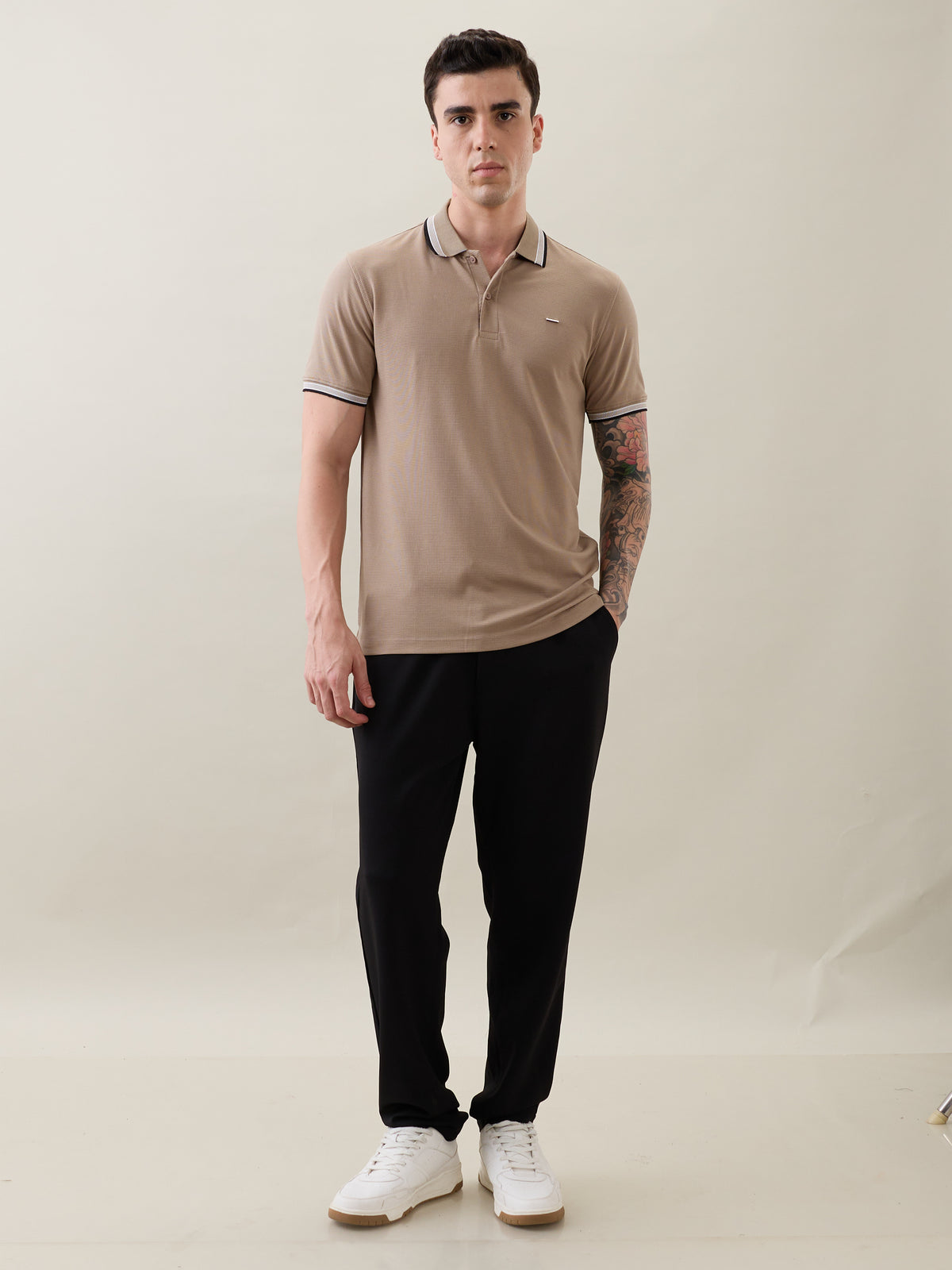 Rachin Knit Polo T-Shirt: Beige