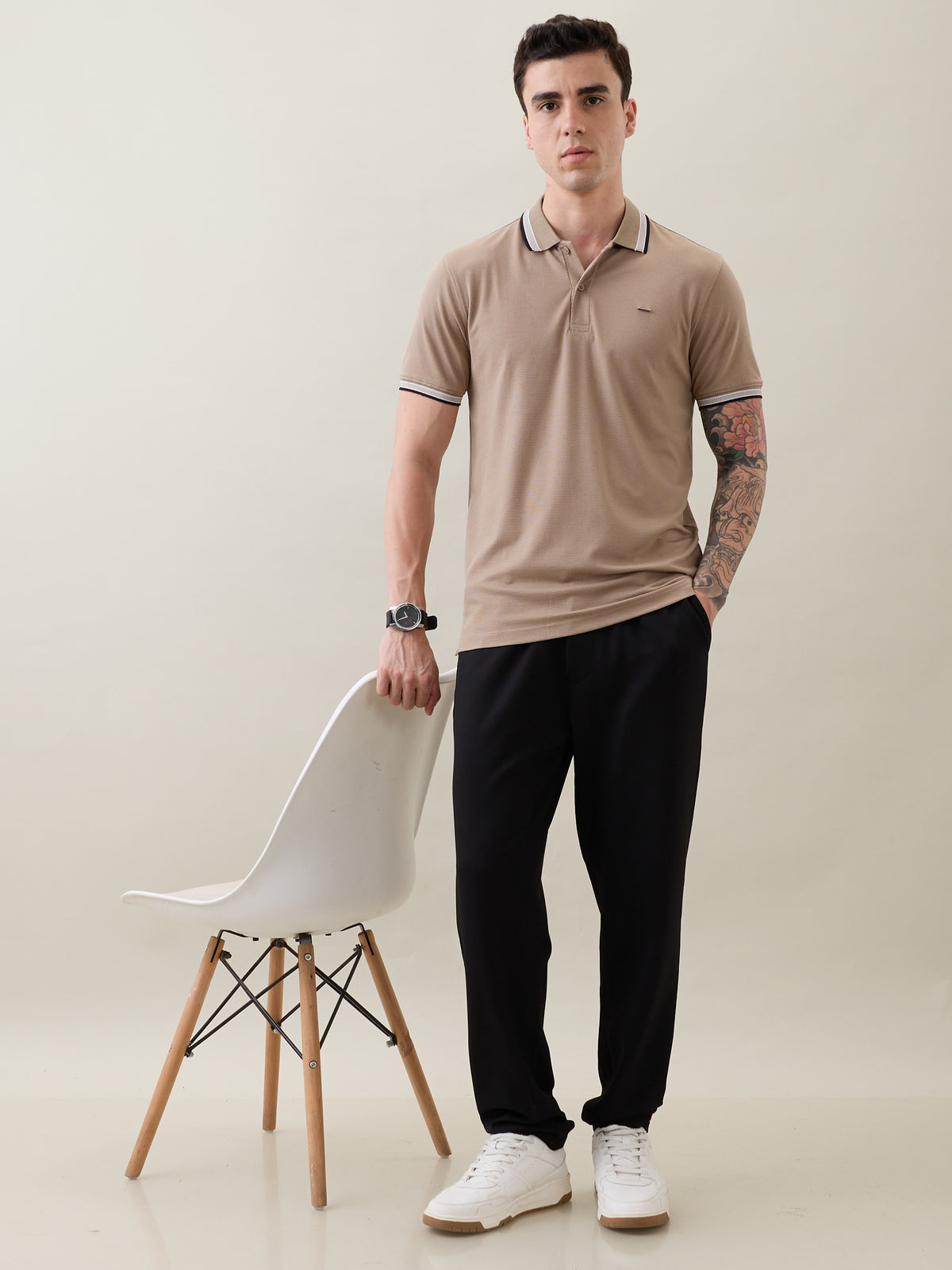 Rachin Knit Polo T-Shirt: Beige