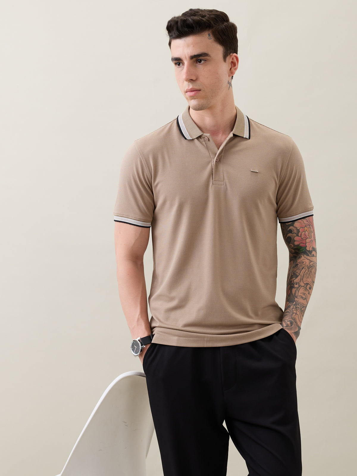 Rachin Knit Polo T-Shirt: Beige