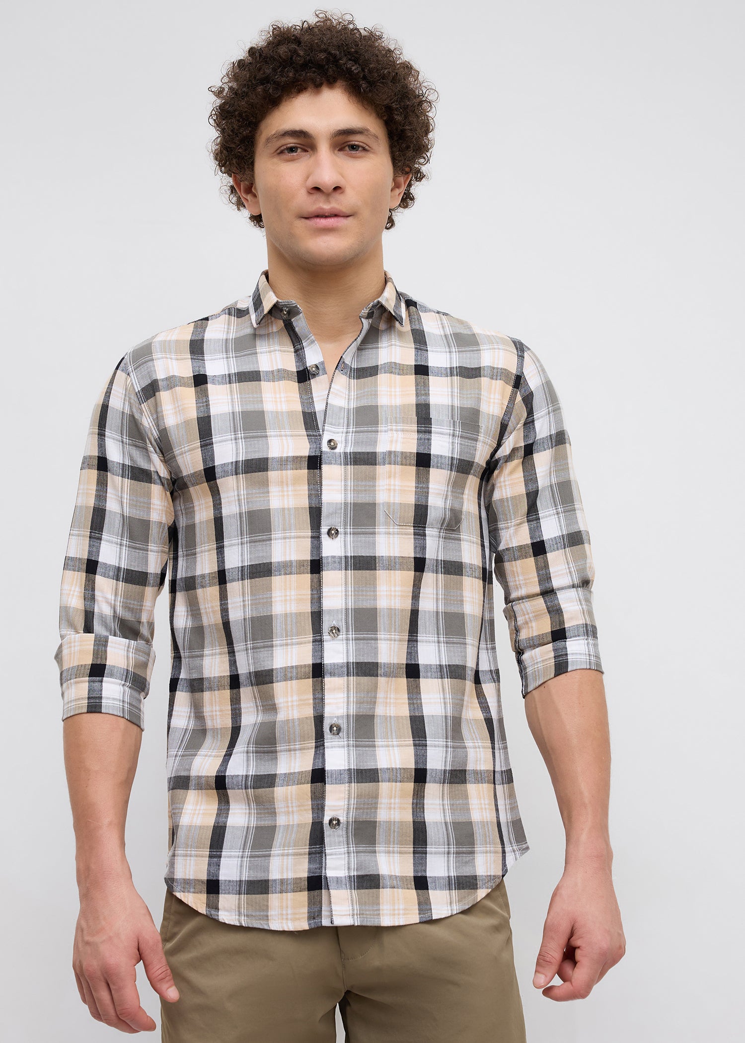 Moonbow Checked Full Sleeve Shirt: Fawn