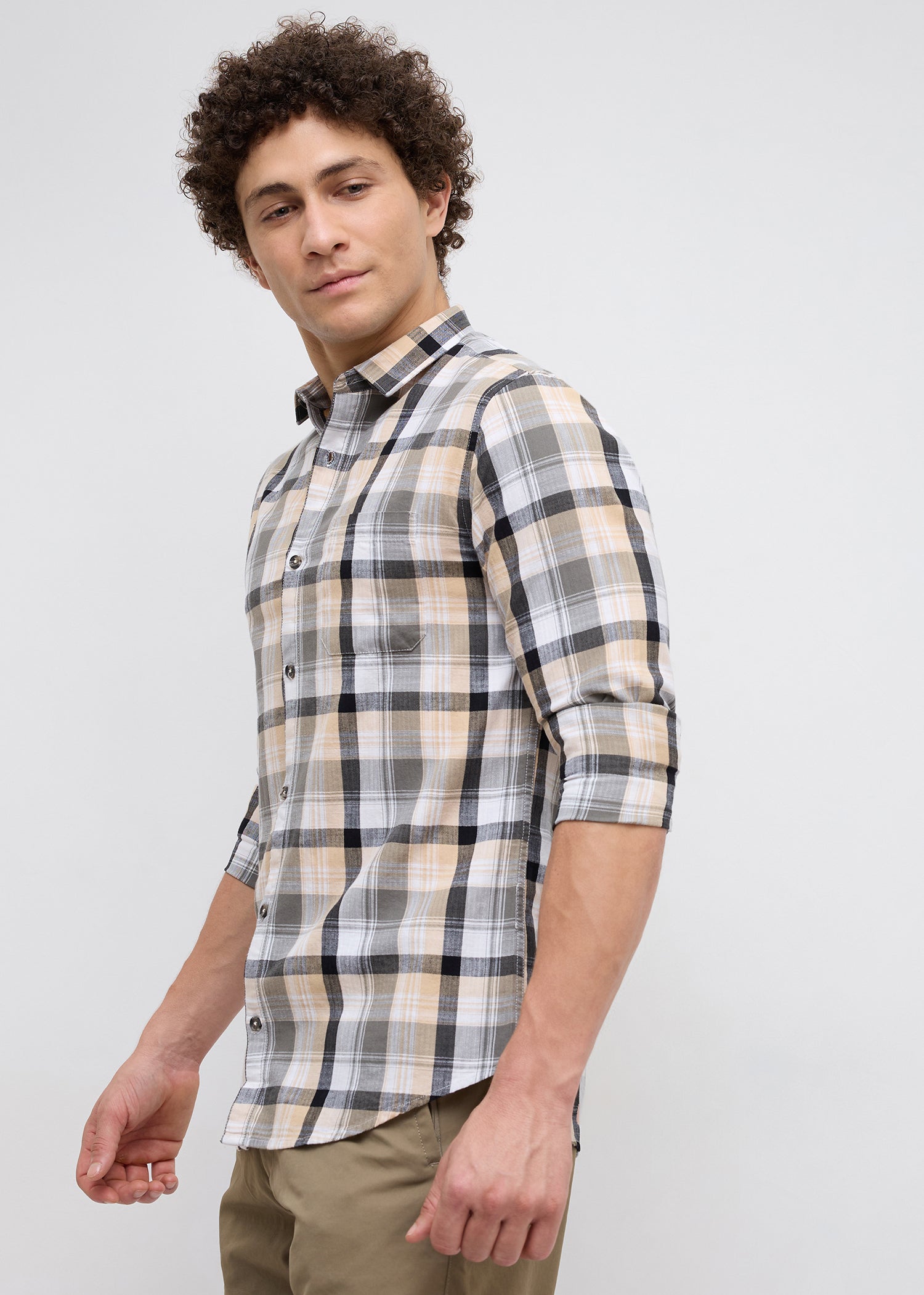 Moonbow Checked Full Sleeve Shirt: Fawn