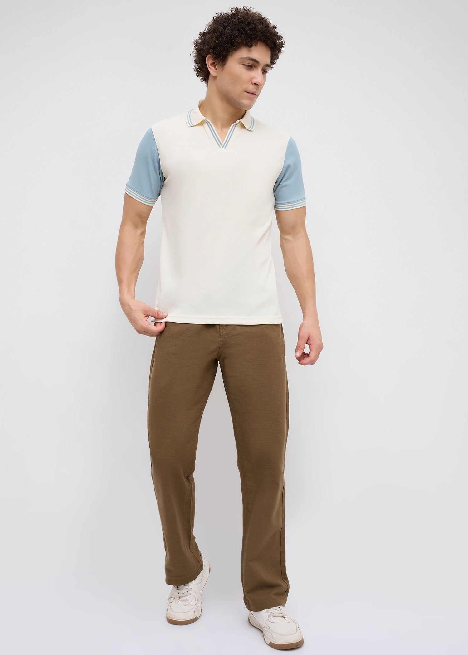 Redeen Textured Contrast Sleeve Polo: Offwhite