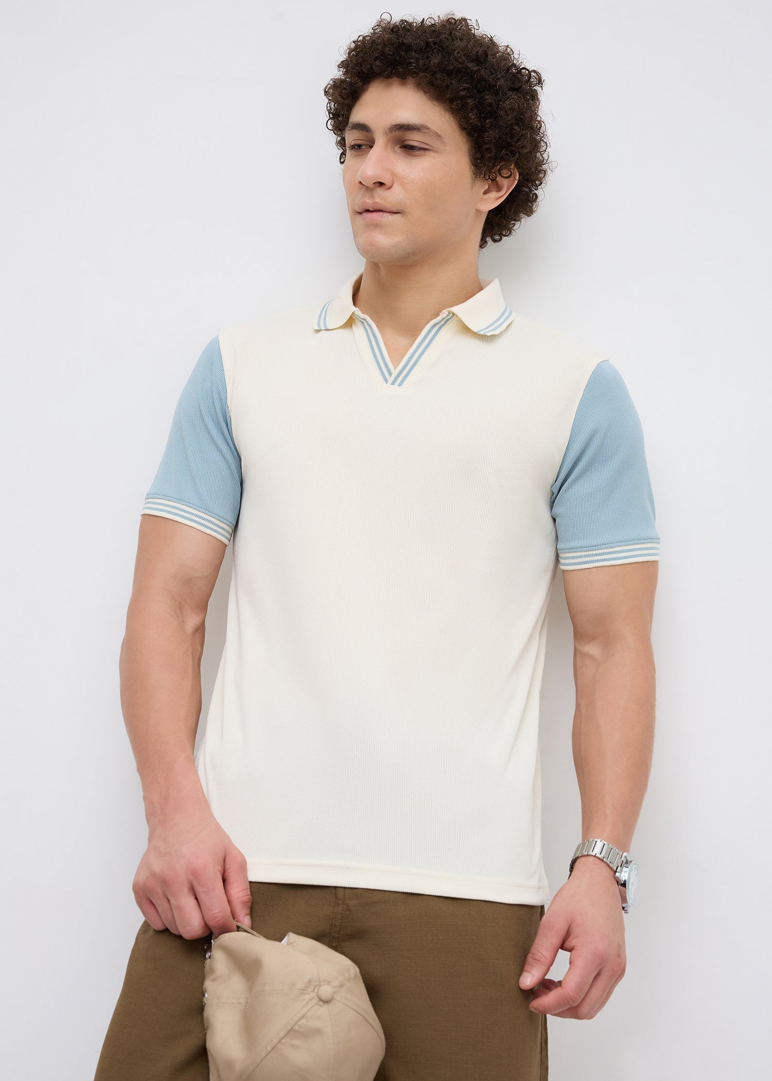 Redeen Textured Contrast Sleeve Polo: Offwhite