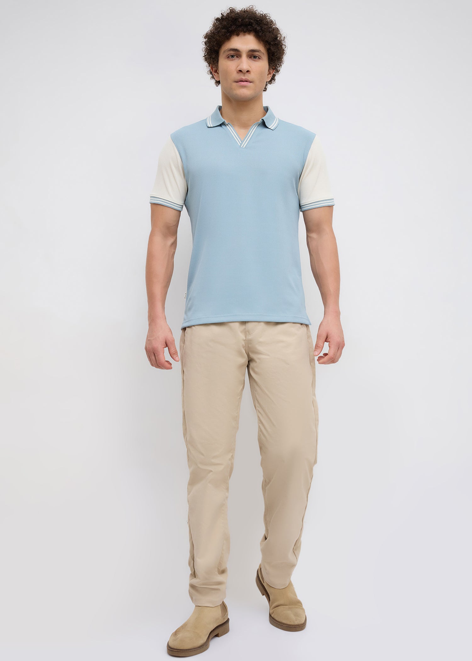 Redeen Textured Contrast Sleeve Polo: Sky Blue