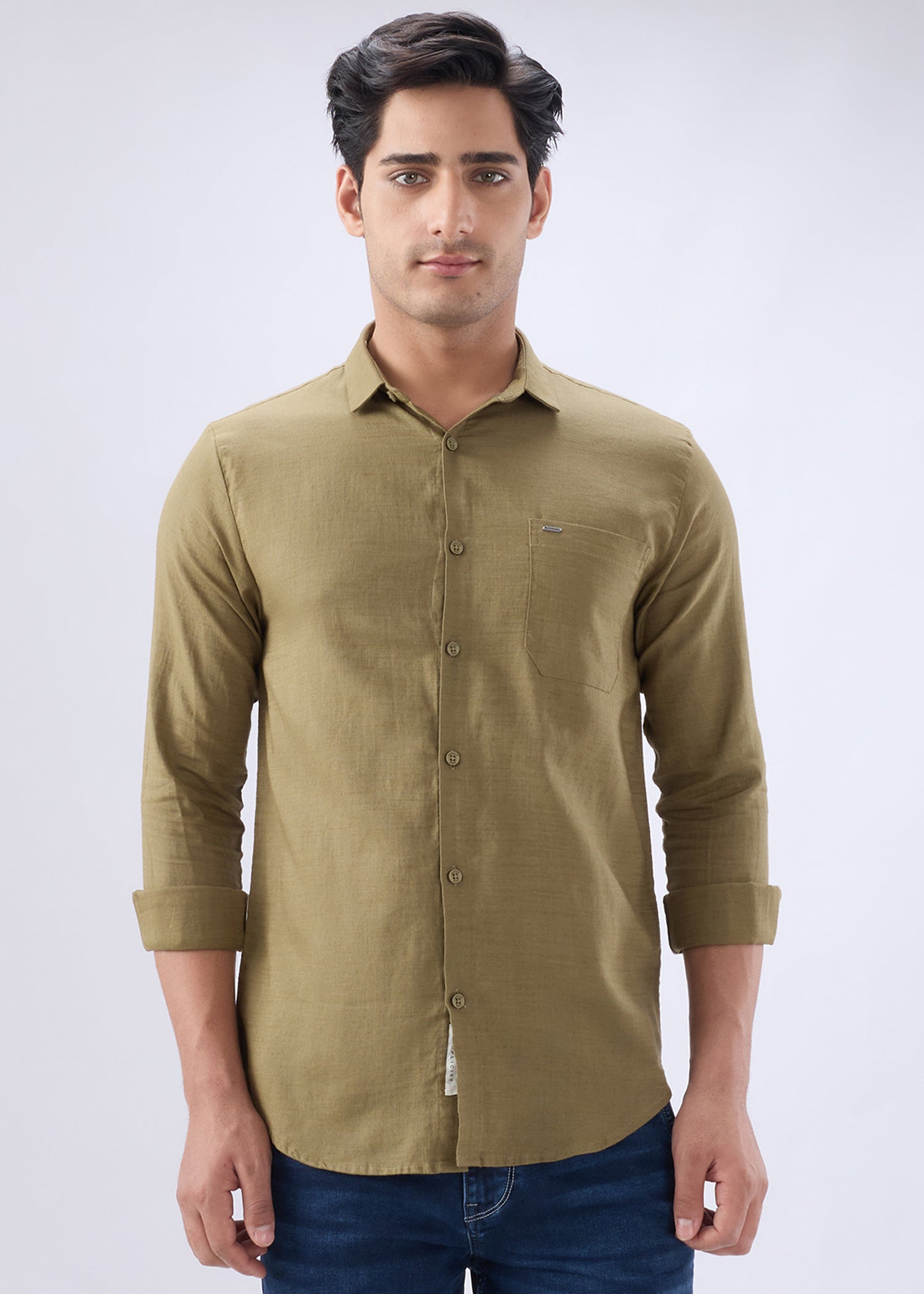 Nostrum Keen Solid Full Sleeve Mehndi Shirt for men