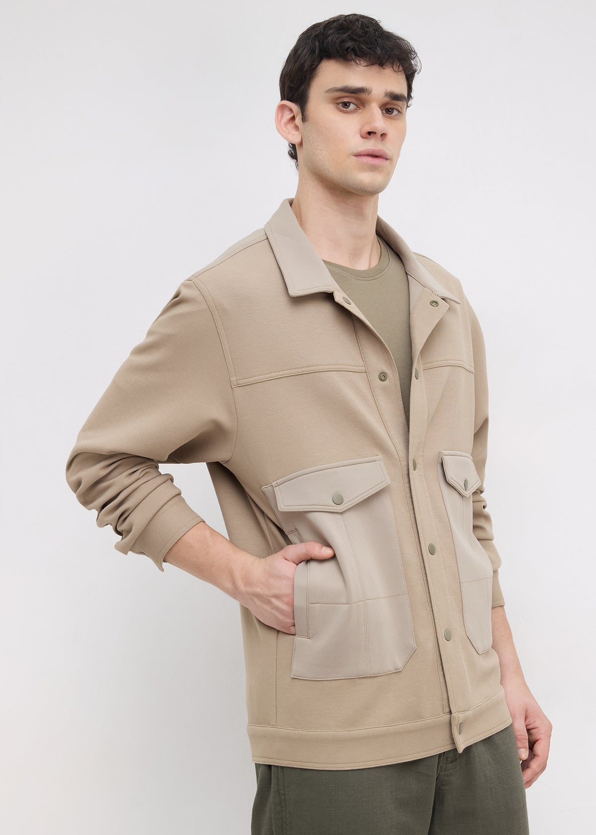 Kiora Multi-Pocket Snap-Button Jacket: Khaki