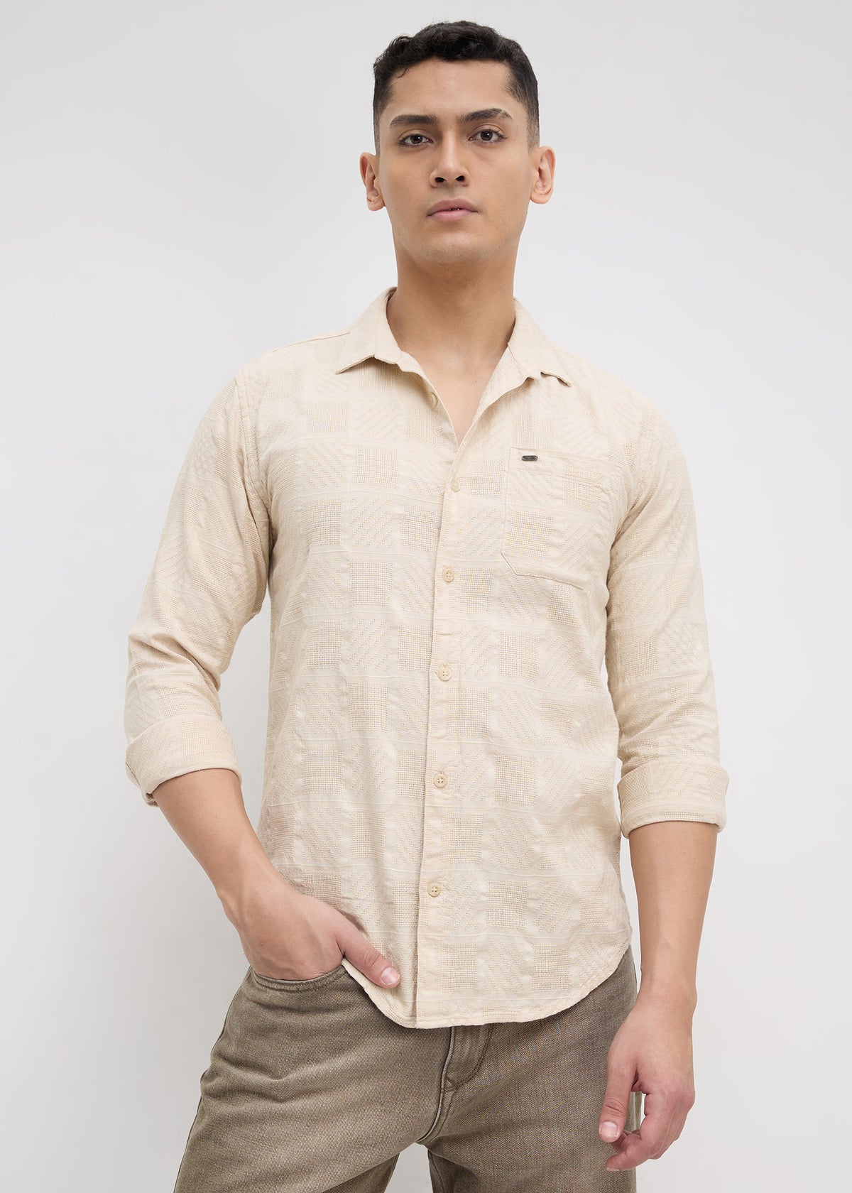 Stilted Textured Full Sleeve Shirt: Fawn