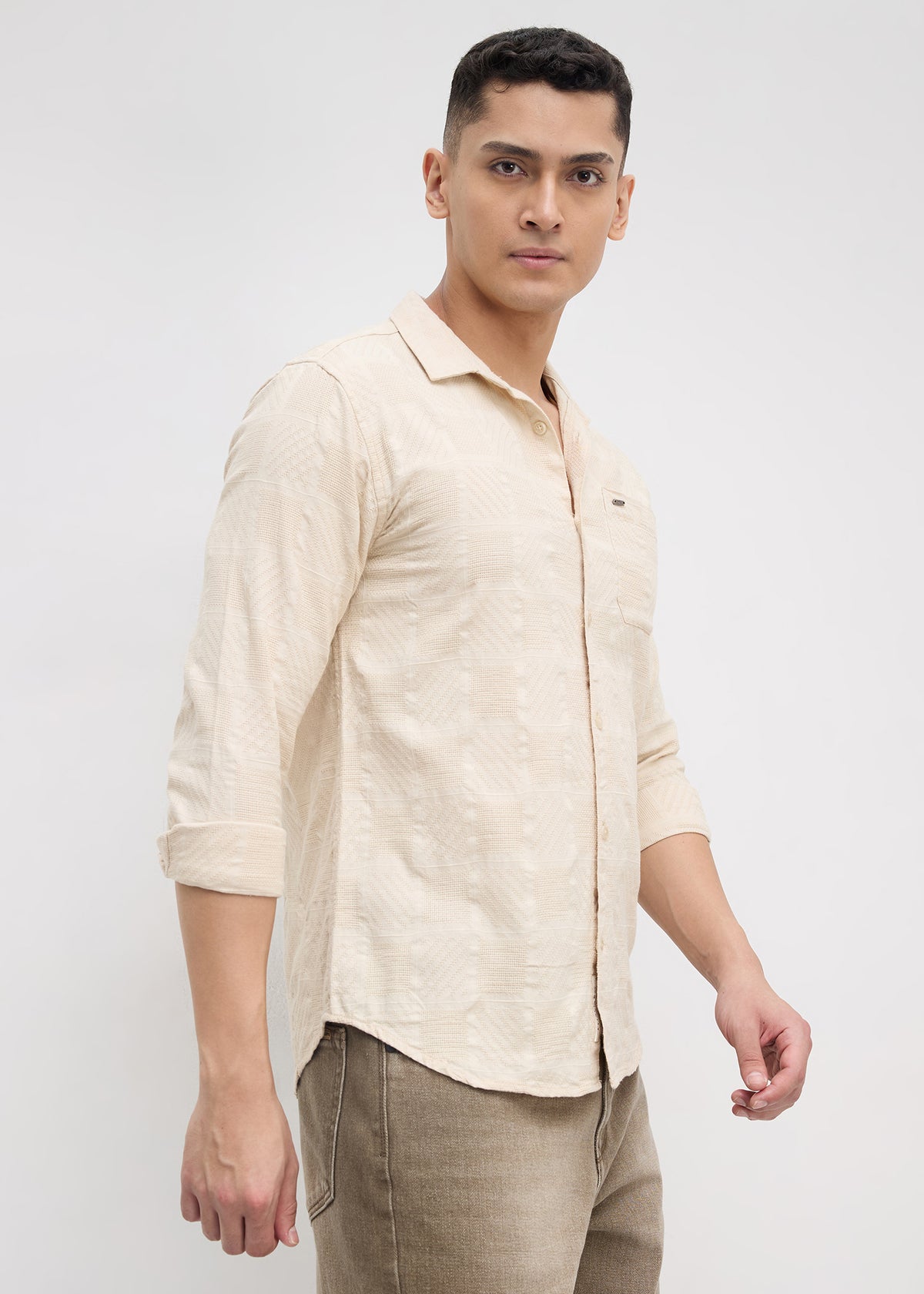 Stilted Textured Full Sleeve Shirt: Fawn