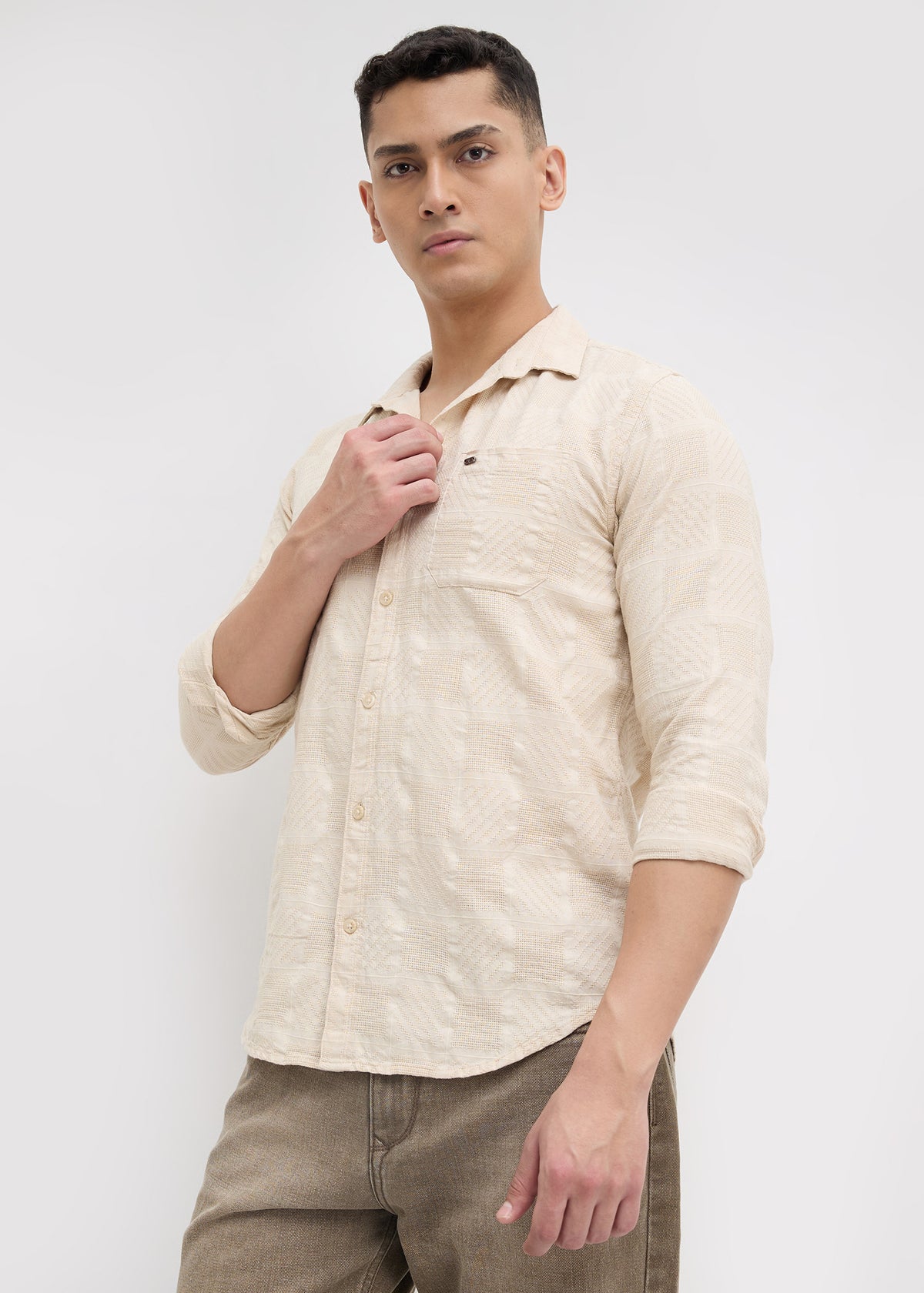Stilted Textured Full Sleeve Shirt: Fawn