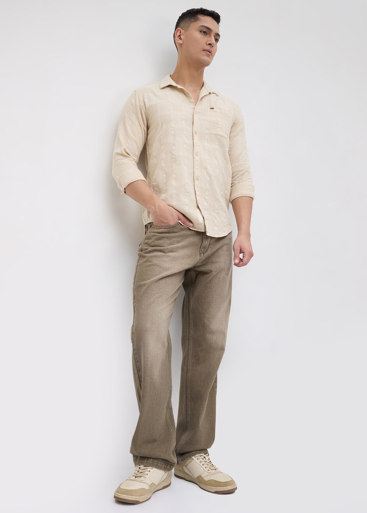 Stilted Textured Full Sleeve Shirt: Fawn
