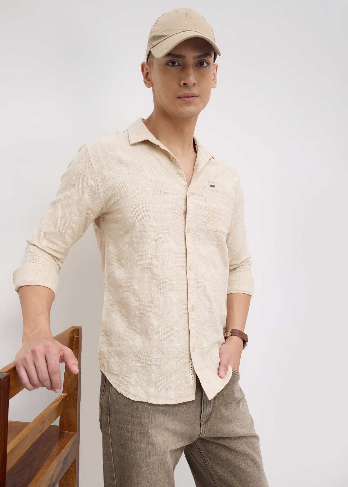 Stilted Textured Full Sleeve Shirt: Fawn