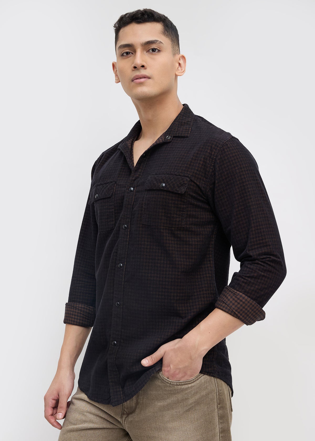 Addition Checked Full Sleeve Shirt: Coffee